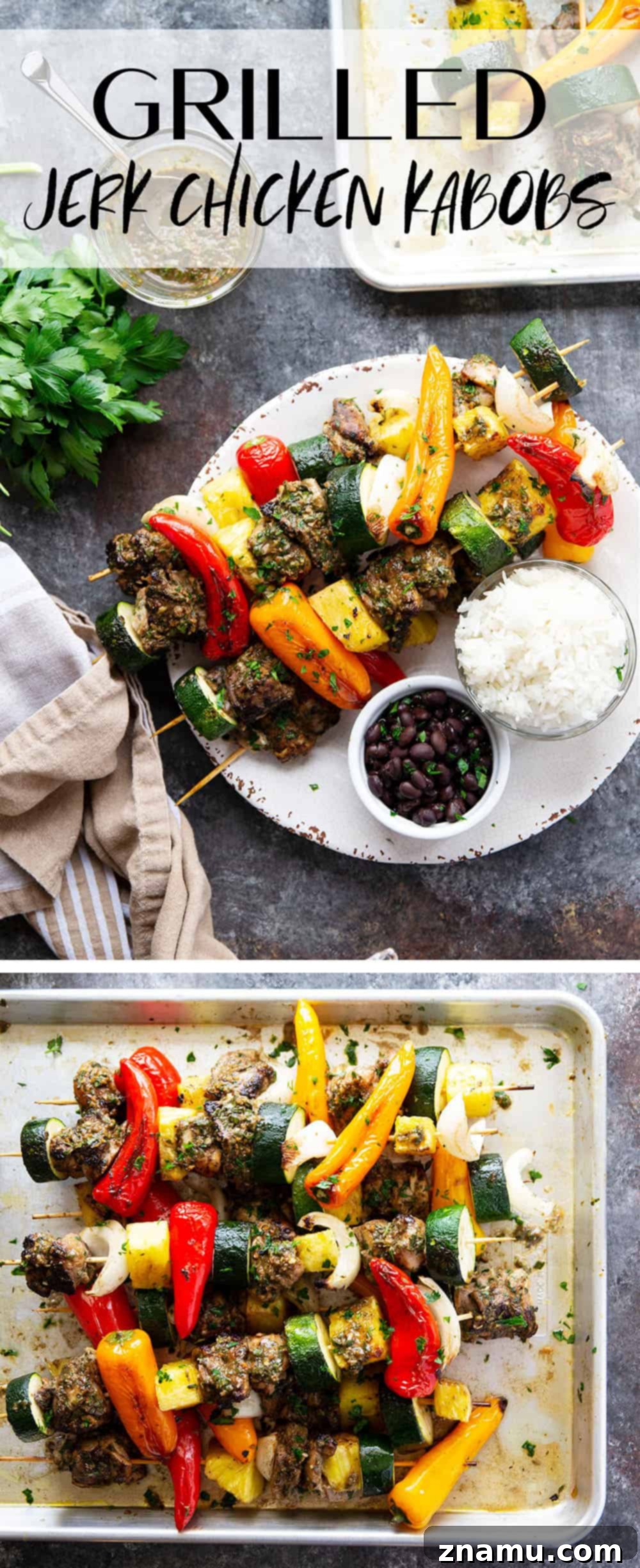 Grilled jerk chicken kabobs feature a spicy homemade jerk marinade coating juicy chicken thighs, sweet pineapple, and fresh vegetables.