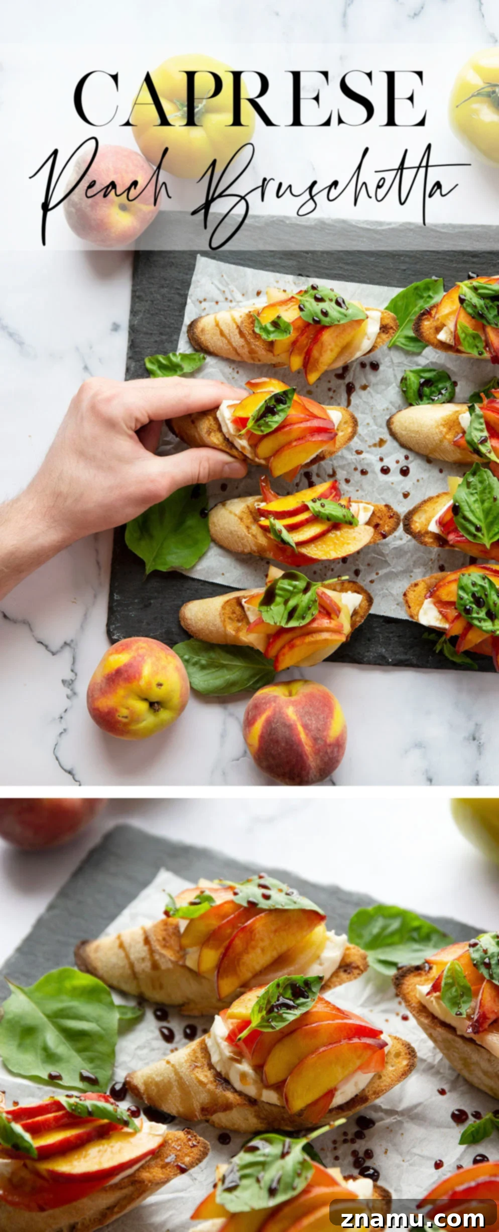 Golden Peach Caprese Toasts 7 Overhead shot of Caprese Peach Bruschetta with fresh peaches and tomatoes, ready to serve.