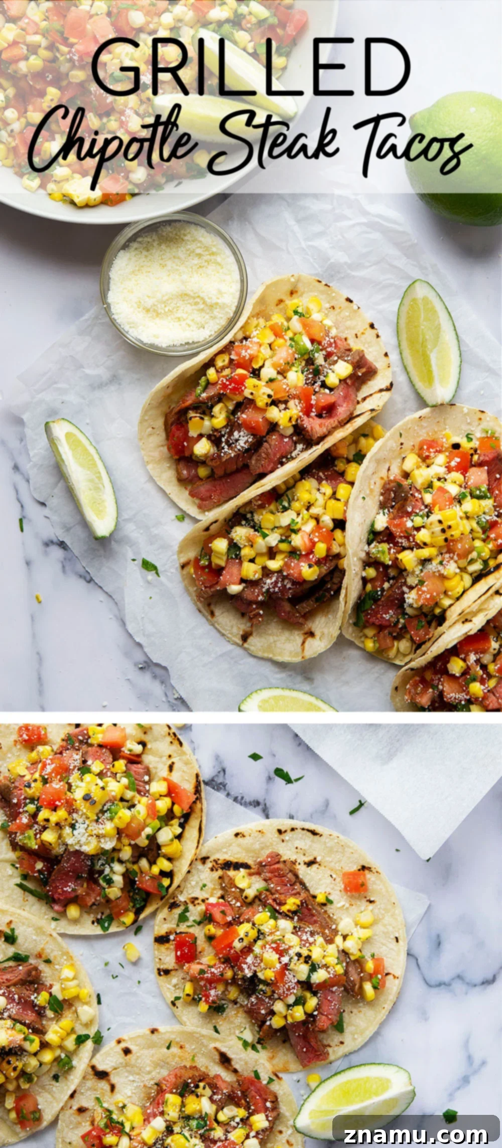 Smoky Chipotle Steak Tacos with Fire-Roasted Corn Salsa 8 Grilled chipotle steak tacos feature juicy grilled steak with a punch of smoky heat and piled high with a flavorful charred sweet corn salsa!