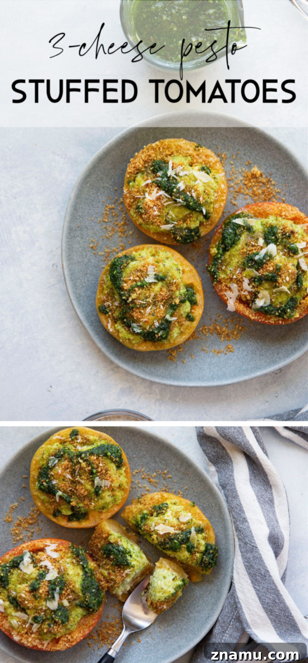 Pesto-Kissed Tomatoes with a Trio of Cheeses 6 Stuffed with three kinds of cheese and herby pesto, these pesto stuffed tomatoes are easy to whip up in minutes and the perfect use for an abundance of tomatoes!
