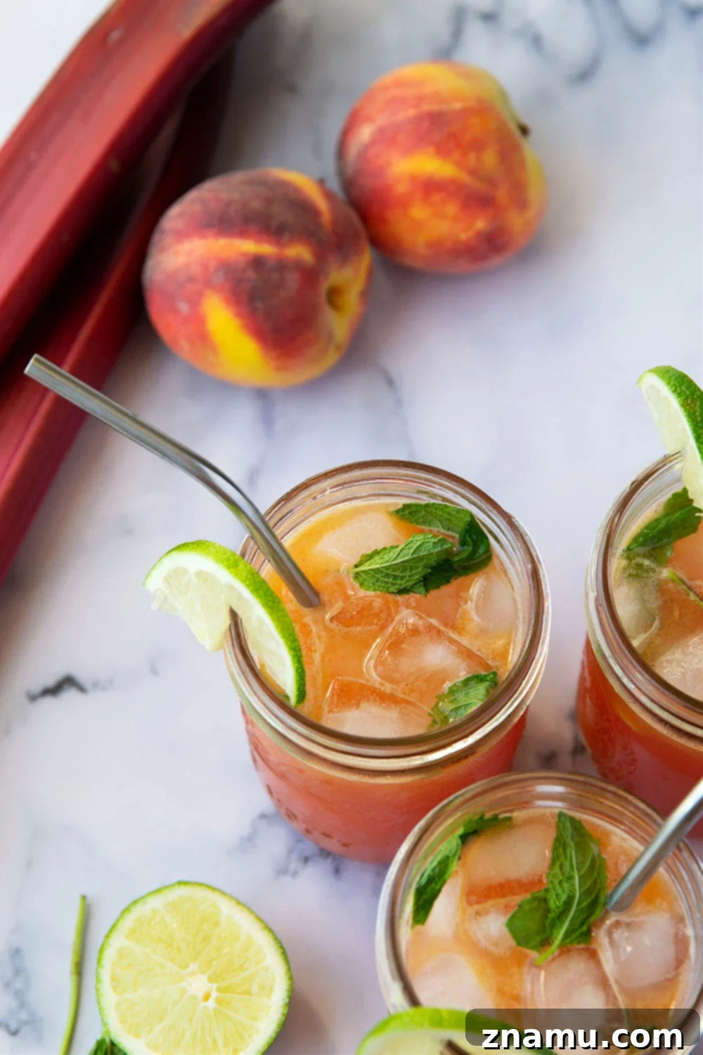 Rhubarb Peach Bourbon Elixir 3 Close-up of a Rhubarb Peach Bourbon Smash cocktail, highlighting the fresh ingredients and vibrant pink color.