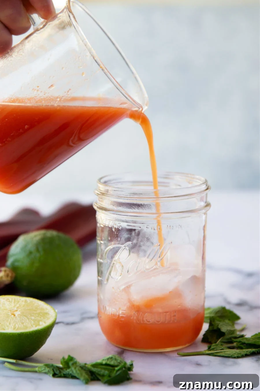 Rhubarb Peach Bourbon Elixir 5 A completed Rhubarb Peach Bourbon Smash in a glass with fresh mint and peach slices.