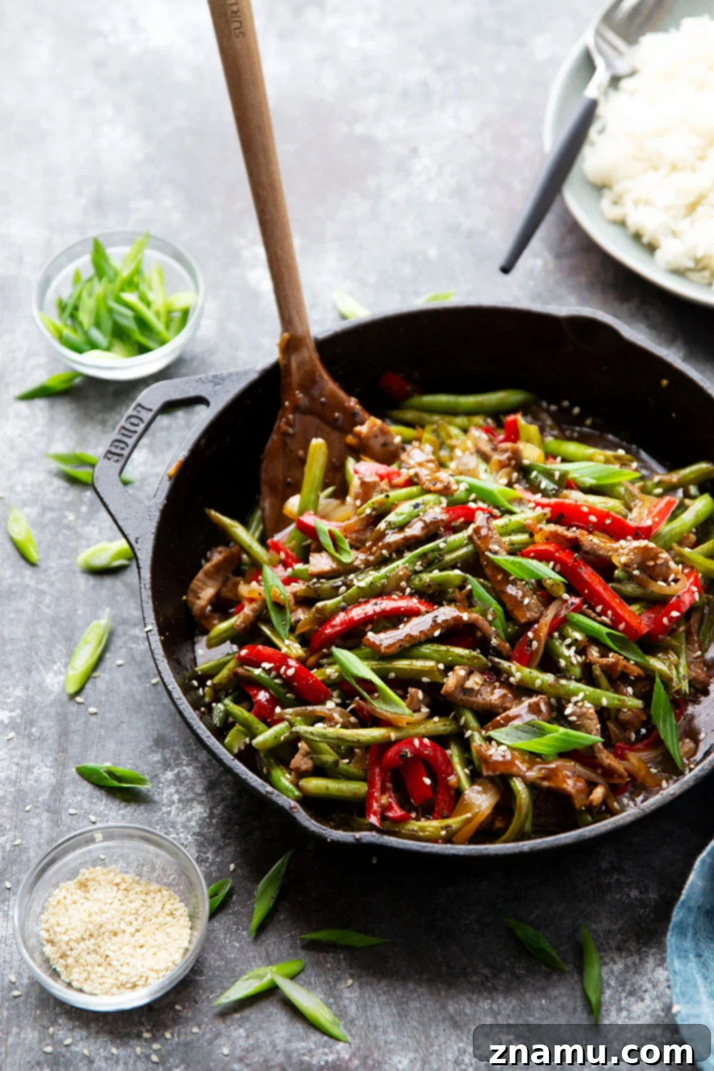 Sticky Ginger-Black Pepper Beef 6 A beautifully plated bowl of black pepper beef stir fry, served with rice and garnished with sesame seeds and green onions.