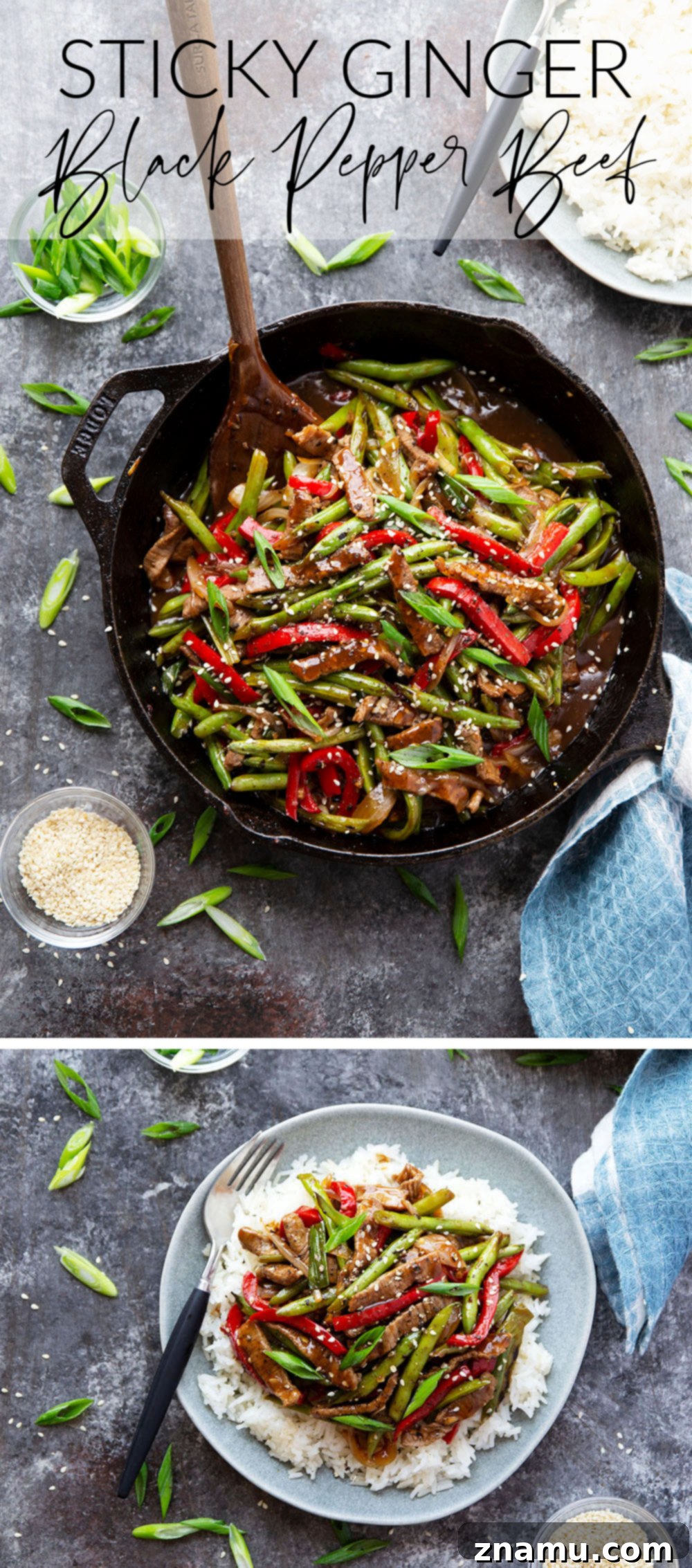 Sticky Ginger-Black Pepper Beef 7 Overhead shot of black pepper beef stir fry cooking in a large pan, showing the rich sauce and fresh ingredients.