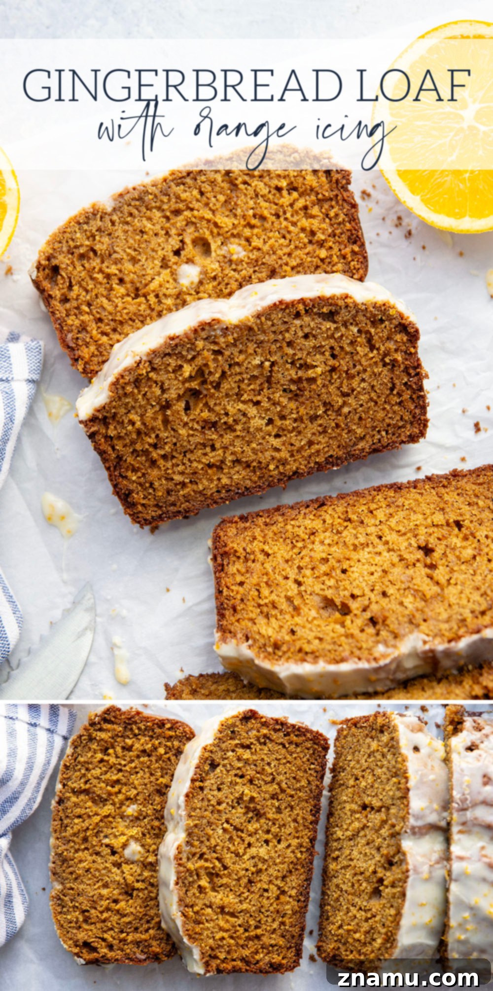 Cozy Gingerbread Loaf with Zesty Orange Glaze 7 Top-down view of a beautifully glazed gingerbread loaf cake on a serving board.