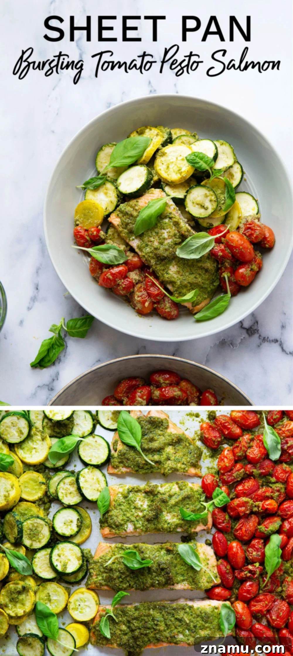 Tek Tepsilik Pesto Soslu Somon, Domates ve Kabak 7 Baked entirely on one sheet pan and smothered in flavorful arugula pesto, this bursting tomato pesto salmon and zucchini is the perfect weeknight dinner to use up an abundance of veggies!