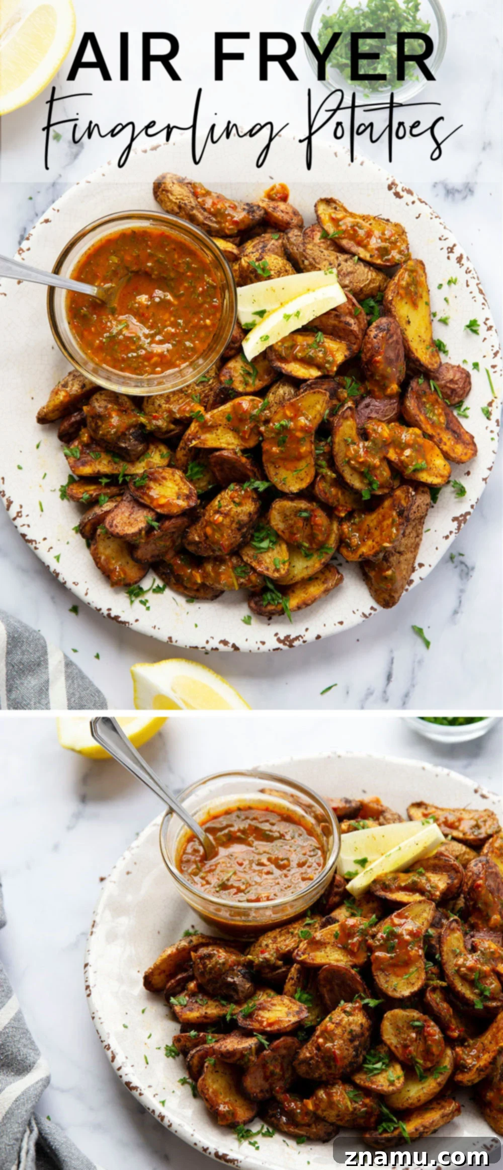 Crispy Air Fryer Fingerling Potatoes with Zesty Harissa Chimichurri 7 A large serving of golden brown air fryer fingerling potatoes.