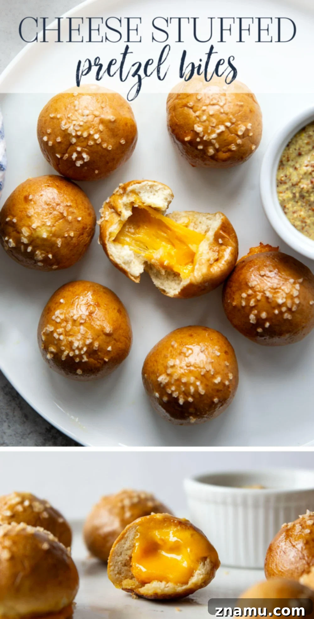 Cheese-Filled Pretzel Poppers 7 These cheese stuffed pretzel bites are ready in under an hour and feature a soft and chewy pretzel interior that's filled with gooey cheddar cheese!