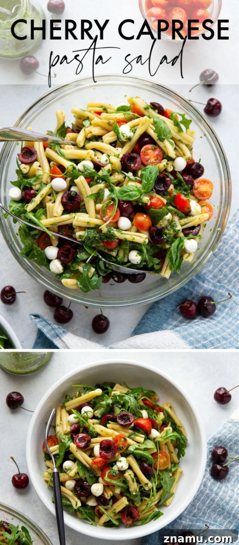 Caprese Pasta Delight: Cherry Tomatoes & Basil Vinaigrette 6 Overhead shot of a large serving bowl of refreshing Cherry Caprese Pasta Salad.