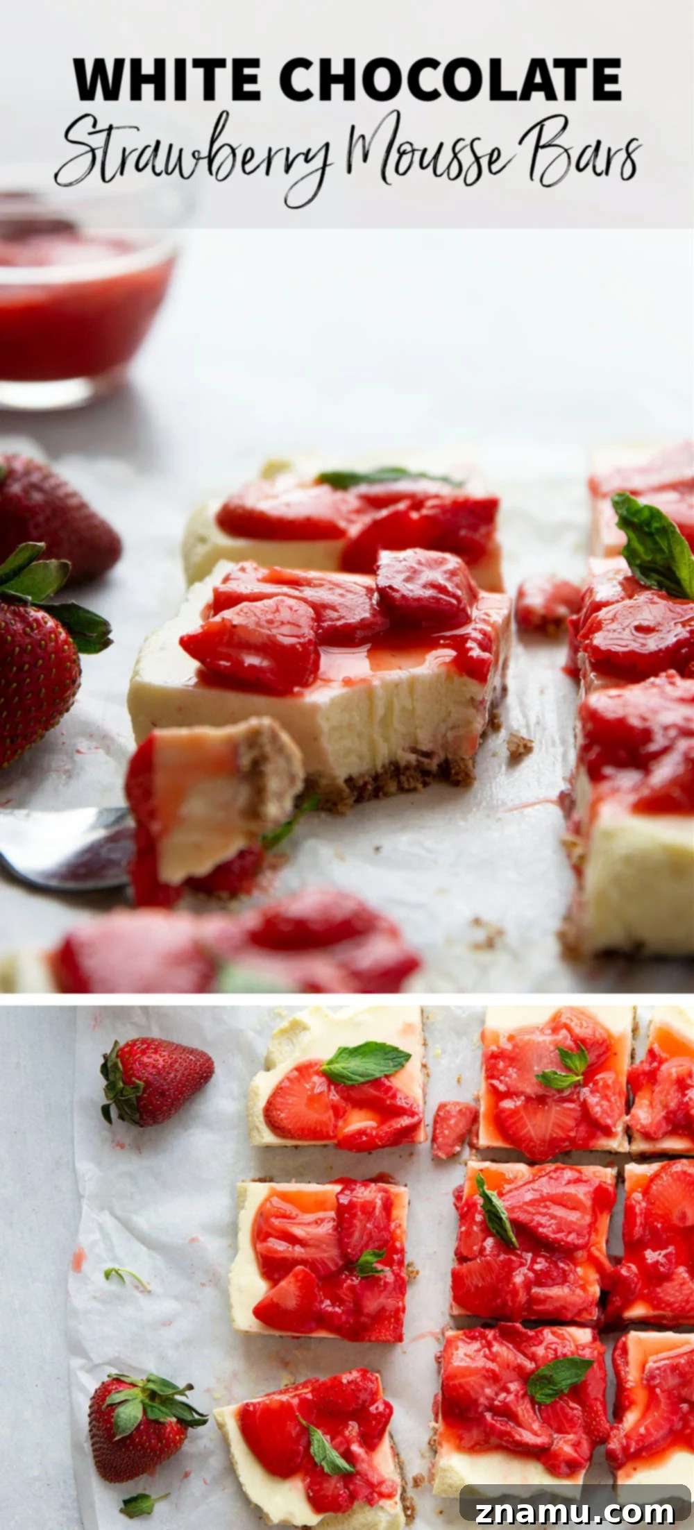 Dreamy White Chocolate Strawberry Mousse Bars 7 Rich white chocolate and juicy strawberries are the perfect combo in these silky white chocolate strawberry mousse bars. - easy to make ahead of time for a gathering and gluten-free!