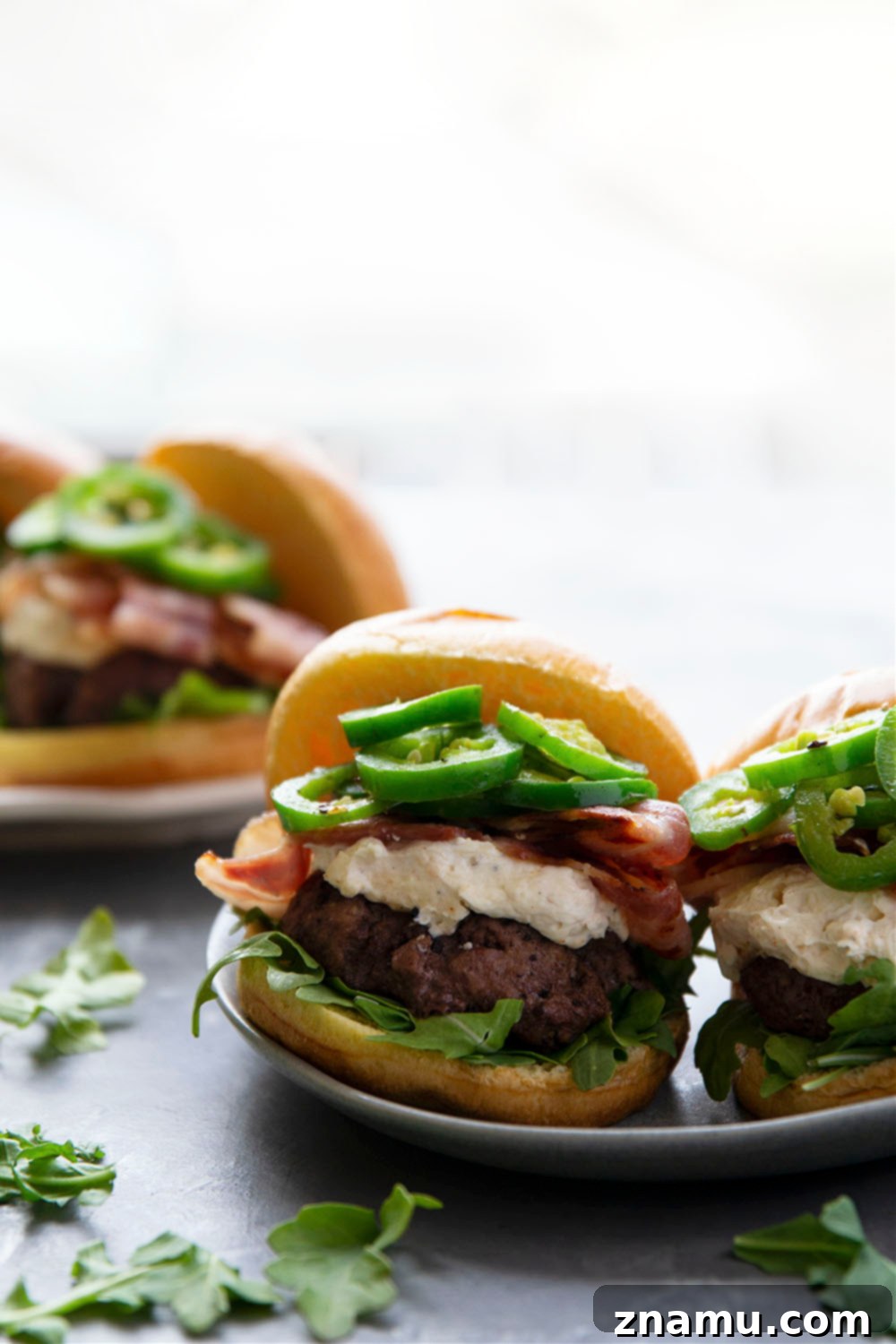 Jalapeño Popper Bacon Cheddar Burger 6 A fully assembled Bacon Cheddar Jalapeno Popper Burger, with all the elements perfectly stacked and a side of fries, ready to be enjoyed.