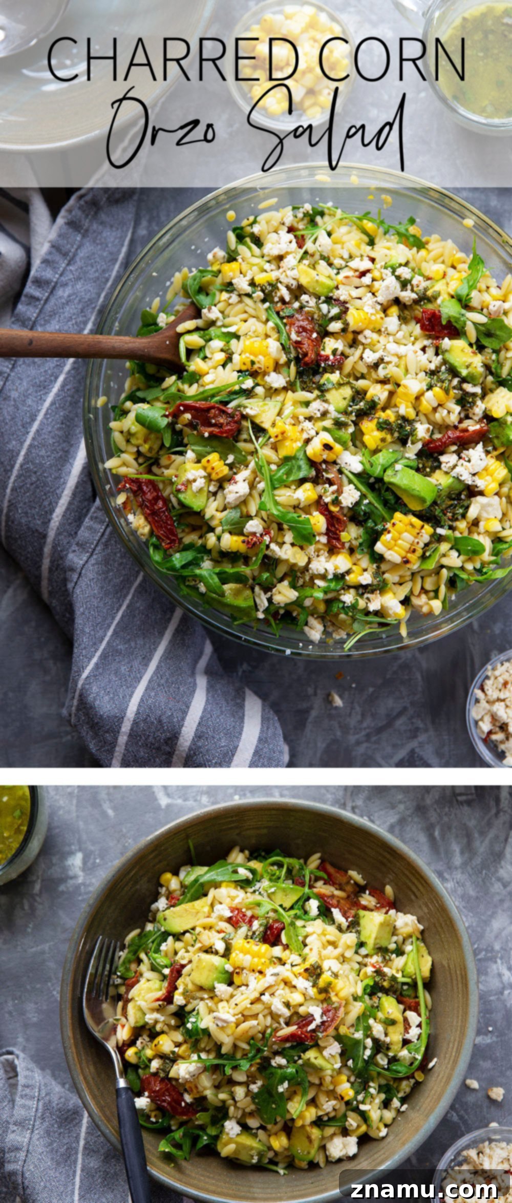 Smoky Corn & Sun-Kissed Tomato Orzo Salad 7 Photo collage showcasing various angles and close-ups of the finished sun-dried tomato orzo salad.