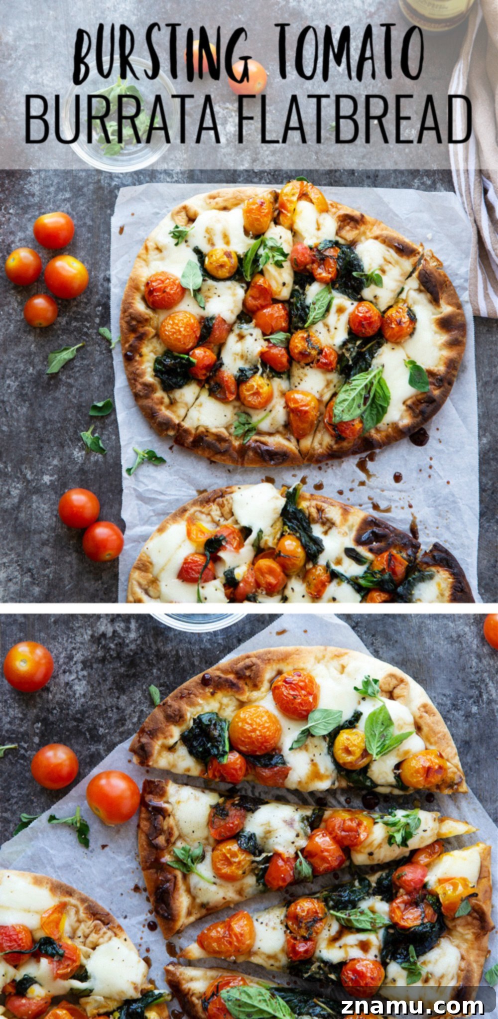 Creamy Burrata Flatbread with Burst Tomatoes and Spinach 7 Close-up of a serving of bursting tomato flatbread on a rustic surface, ready to eat.