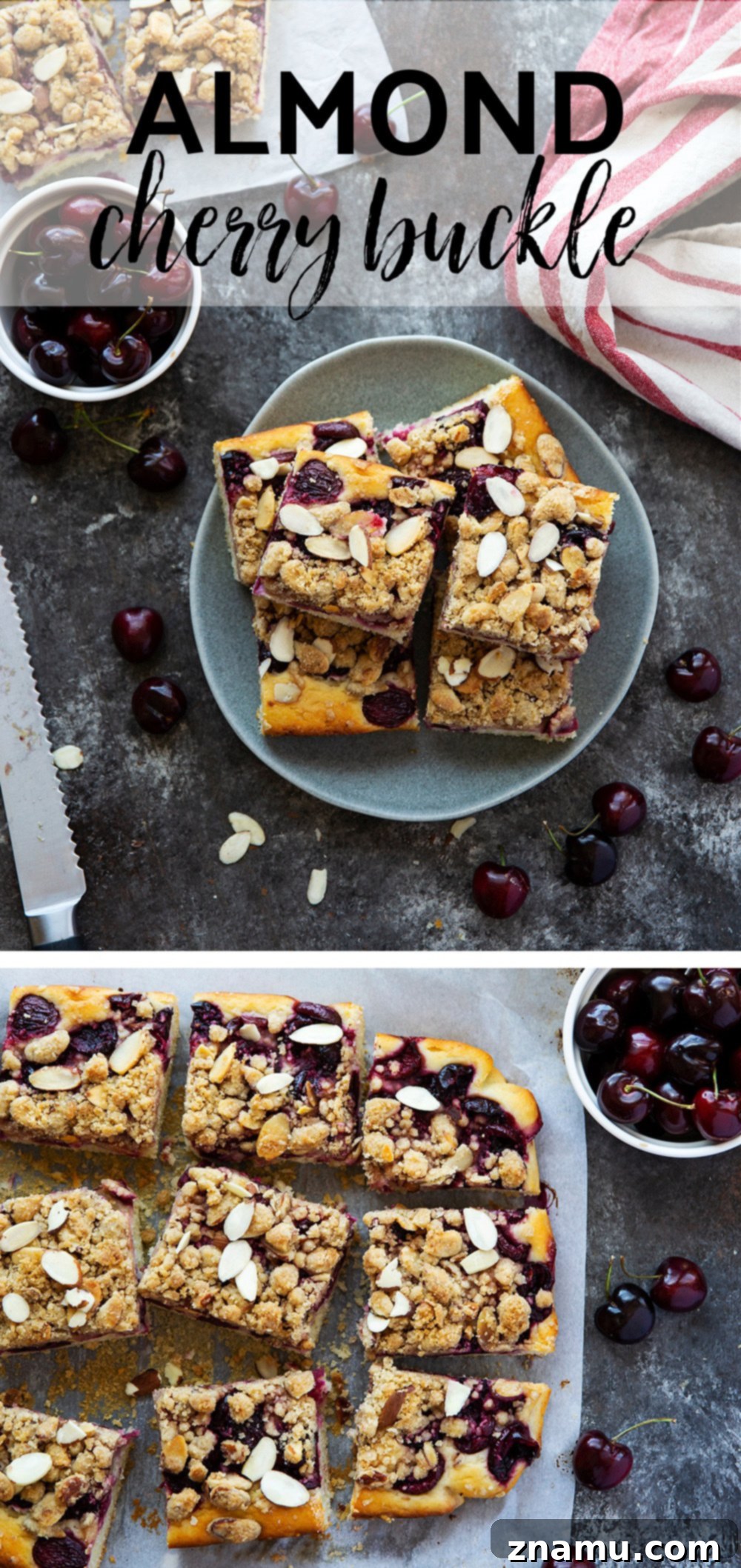 Sweet Cherry Almond Buckle 7 A generous serving of Almond Cherry Buckle on a plate, showcasing its golden-brown streusel and rich, fruity layers, ready to be savored.
