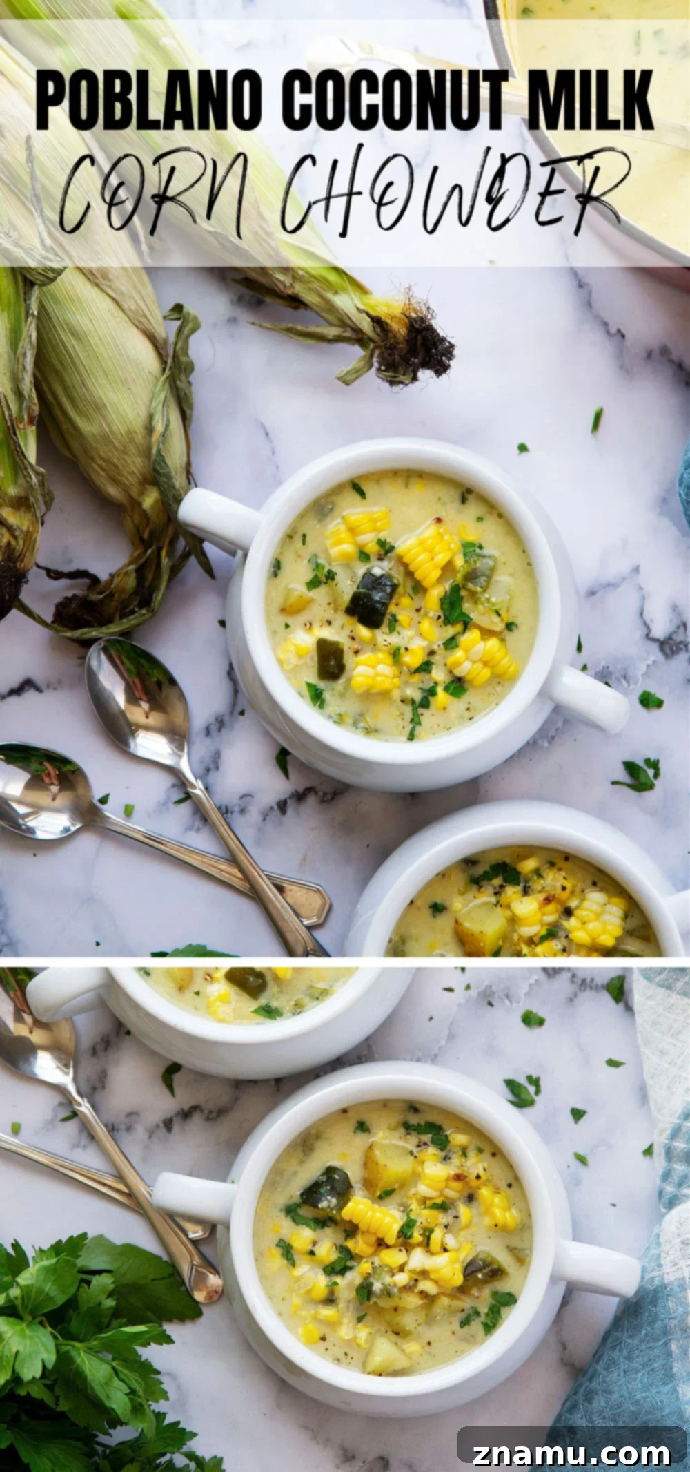 Creamy Poblano Coconut Corn Chowder 7 Charred sweet corn and poblano peppers add an incredible depth of flavor to this creamy coconut milk corn chowder. - easy to make a big batch of AND vegan!