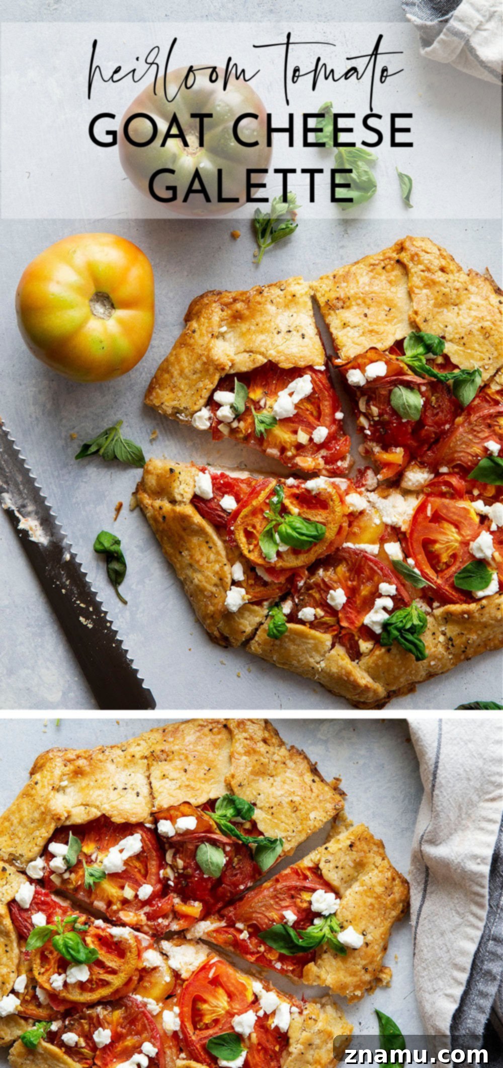 Creamy goat cheese and juicy heirloom tomatoes star in this savory tomato goat cheese galette that's a perfect lighter summer lunch or dinner!