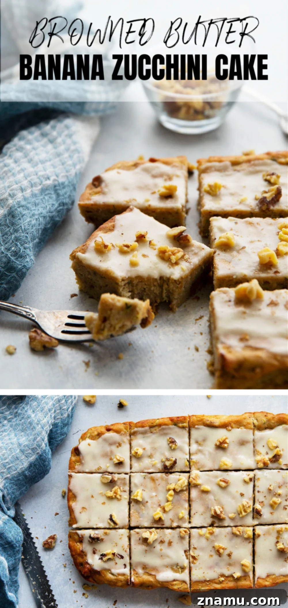 Nutty Brown Butter Banana Zucchini Loaf 7 A large pan of freshly baked Browned Butter Banana Zucchini Cake with glaze and walnuts.