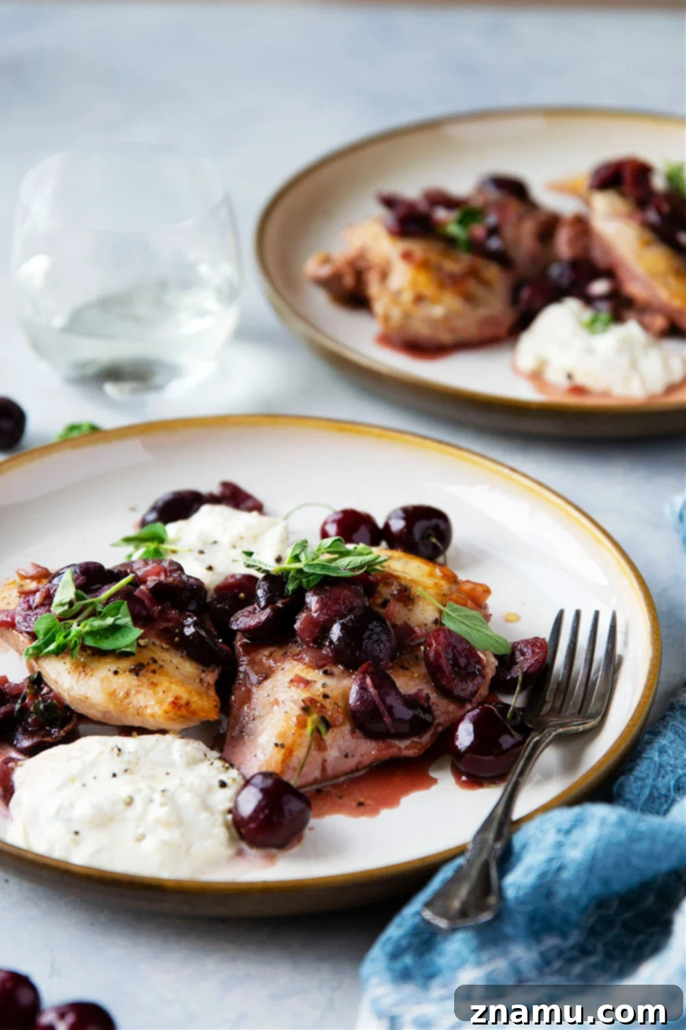 White Wine Cherry Chicken Skillet 6 One-pan skillet cherry chicken with white wine sauce, garnished with fresh herbs and burrata cheese, photographed in a well-lit kitchen setting.