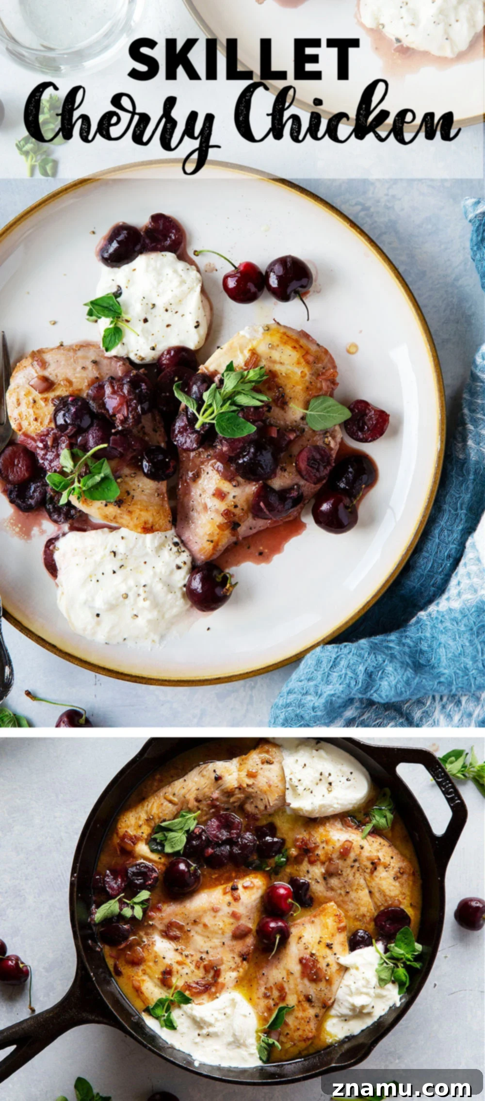 White Wine Cherry Chicken Skillet 7 Full pan of Skillet Cherry Chicken with white wine sauce, fresh cherries, burrata, and herbs, presented on a wooden surface.