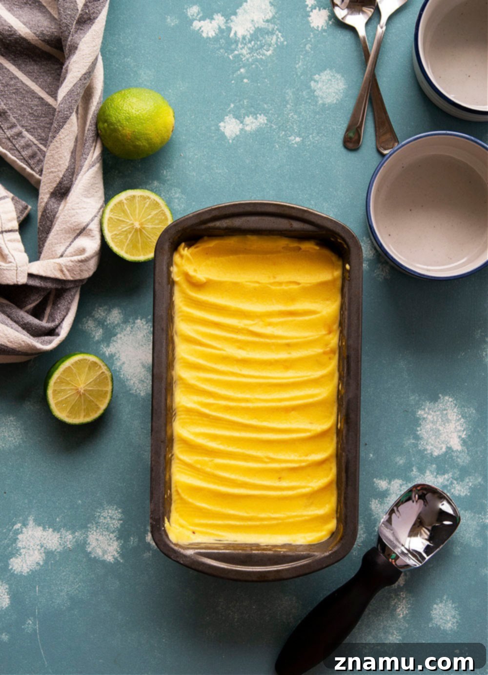 Tropical No Churn Mango Pineapple Sorbet 3 Close-up of mango pineapple sorbet showing beautiful swirls and creamy texture.