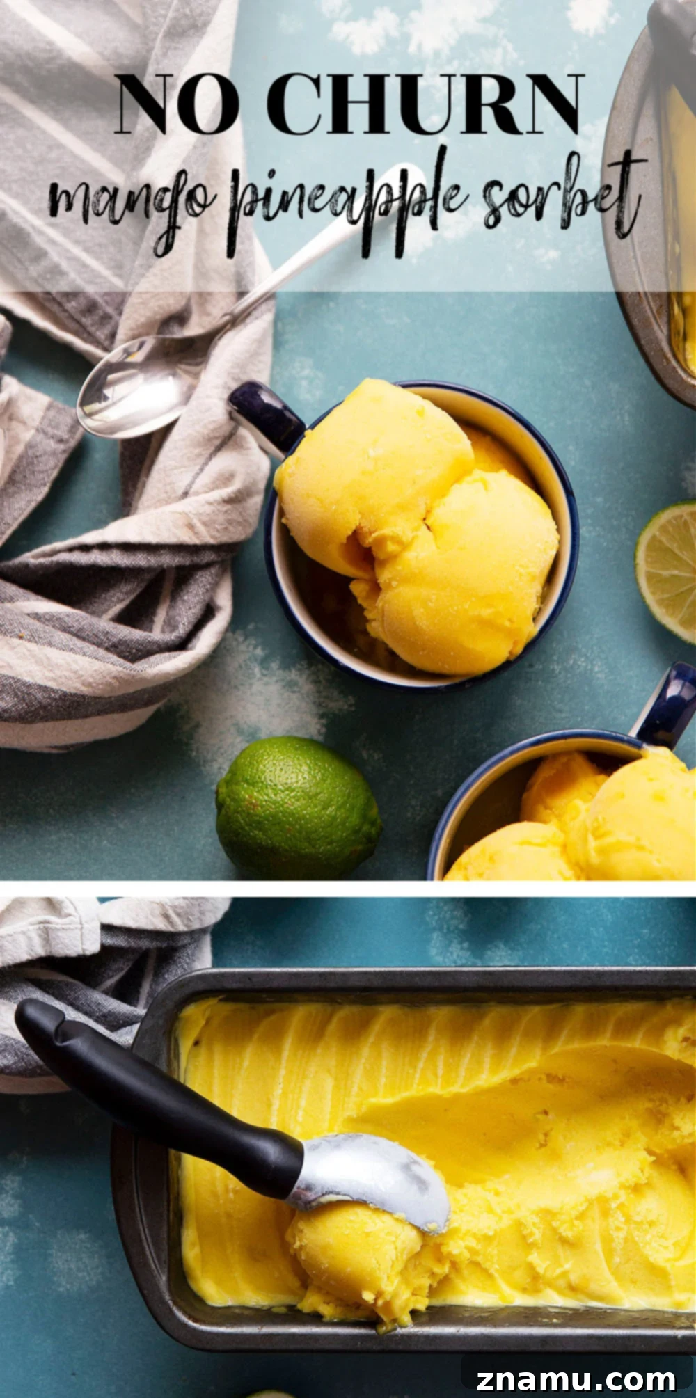 Tropical No Churn Mango Pineapple Sorbet 7 Two bowls of mango pineapple sorbet, garnished with mint leaves, on a wooden table.