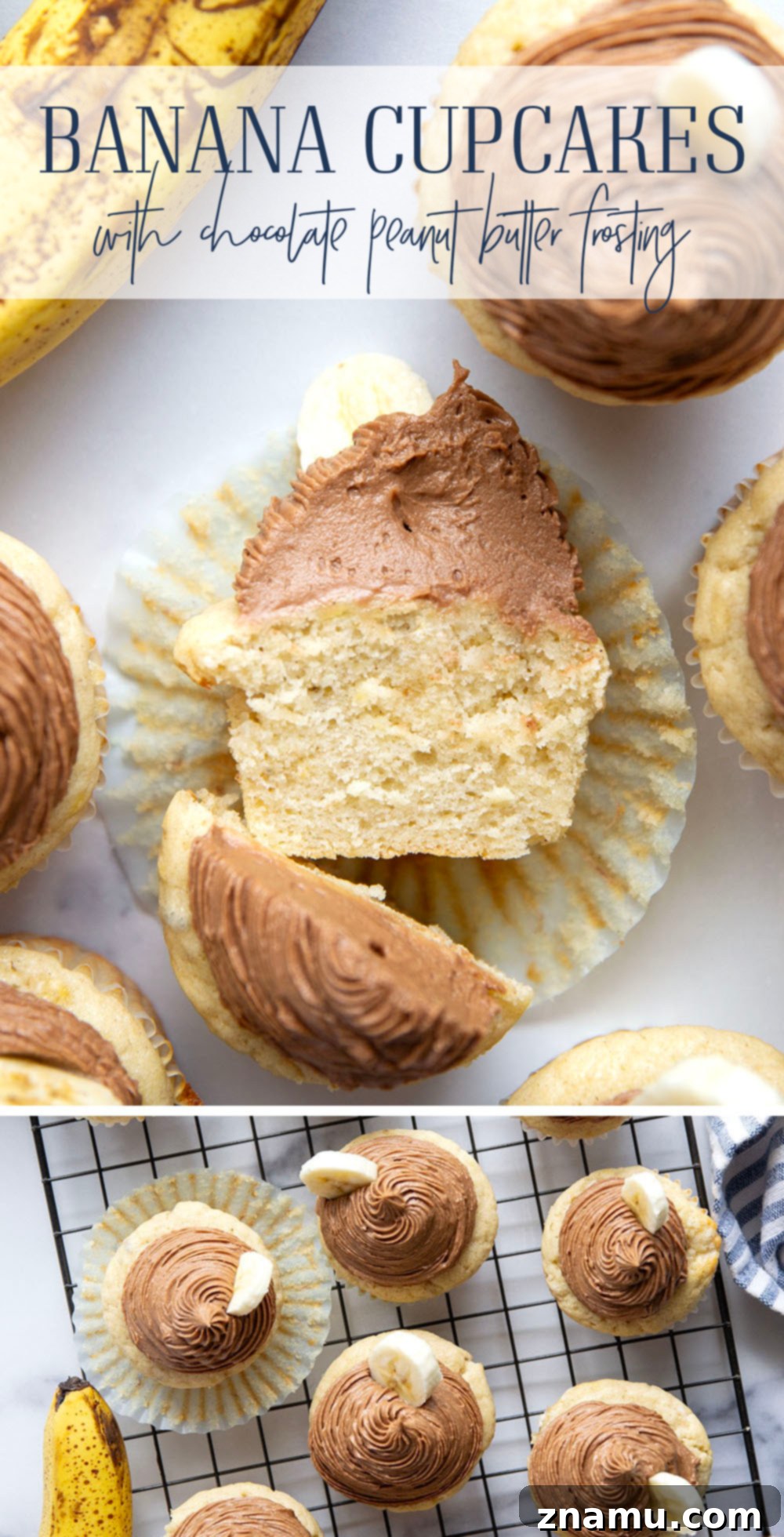 Rich Banana Cupcakes with Decadent Chocolate Peanut Butter Frosting 7 Beautifully arranged banana cupcakes with chocolate peanut butter frosting