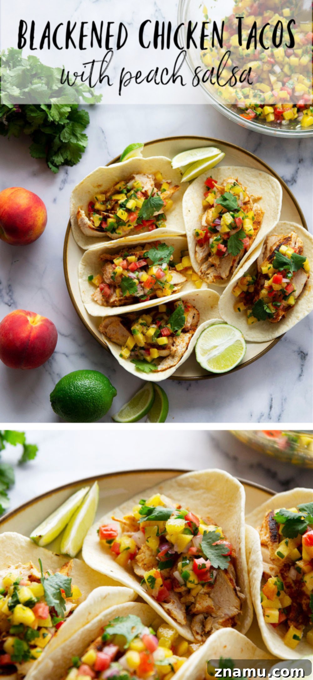 Smoky Blackened Chicken Tacos with Zesty Peach Salsa 7 Blackened chicken tacos feature a homemade blackened seasoning mix coating juicy chicken and a fresh spicy peach salsa on top.