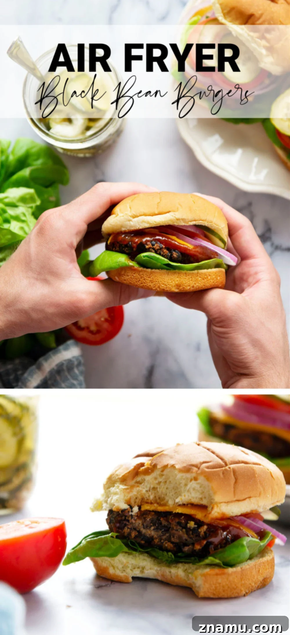 An appetizing close-up of a perfectly air-fried black bean burger, ready to be served.