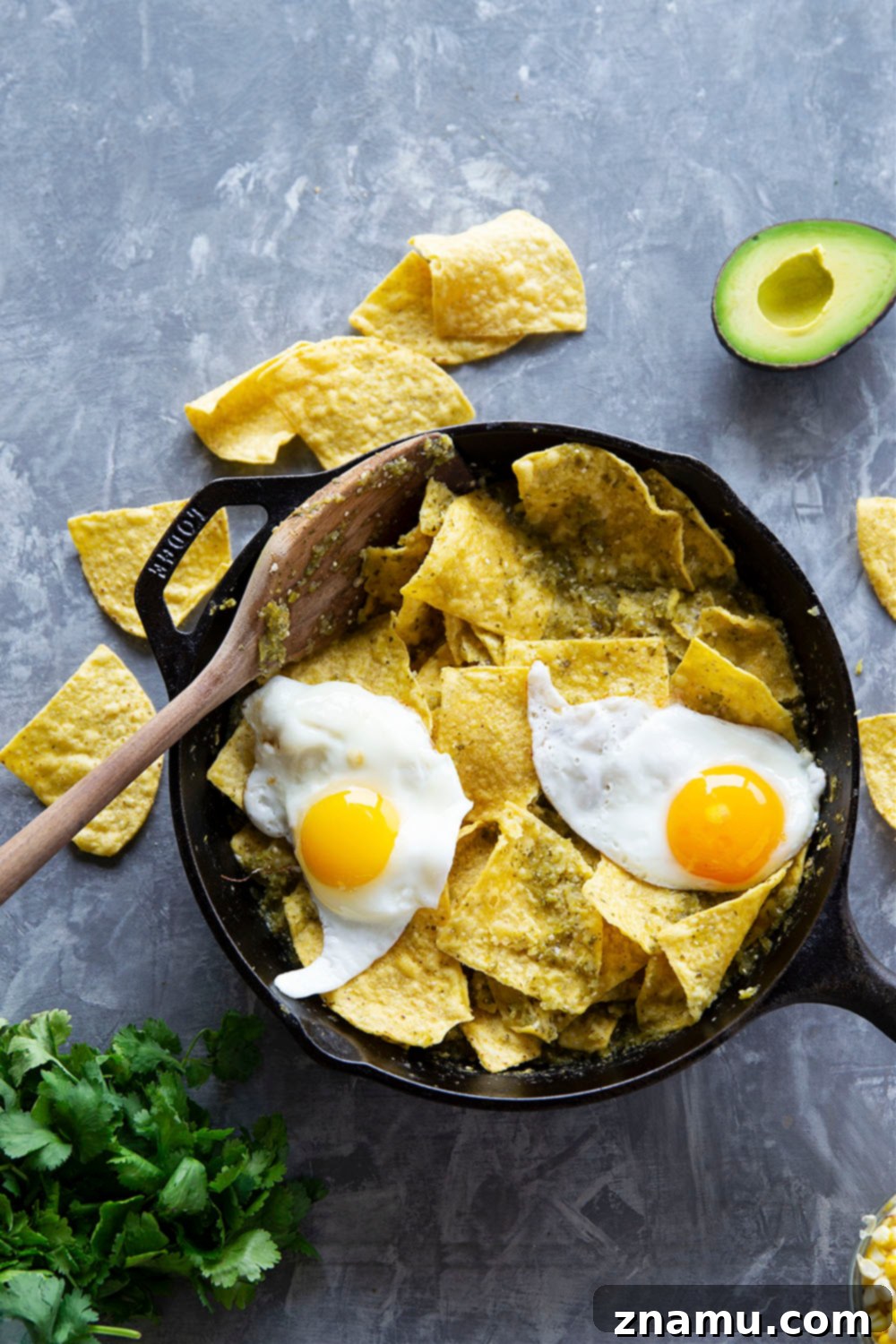 Overhead shot of a colorful Chilaquiles Verdes skillet, ready to be served, with avocado slices and fresh cilantro.