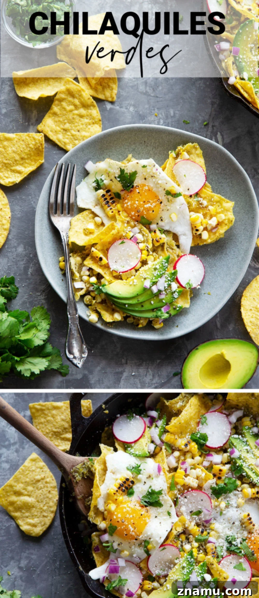 A final, mouth-watering image of the Chilaquiles Verdes in a skillet with a serving spoon, highlighting the texture and appeal.