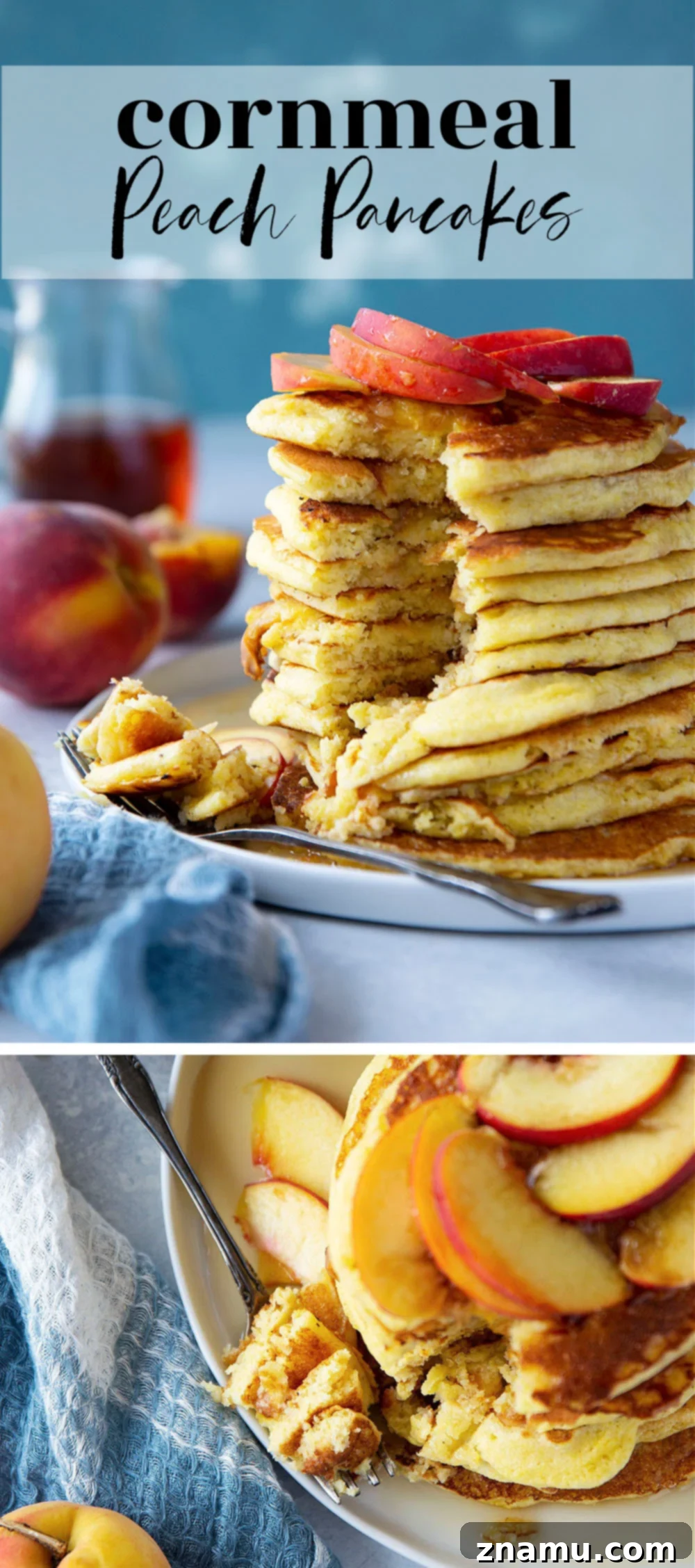 Golden Peach Cornmeal Pancakes 7 Juicy summer peaches and hearty cornmeal star in these tender, fluffy cornmeal peach pancakes that are a perfect stack for summer!
