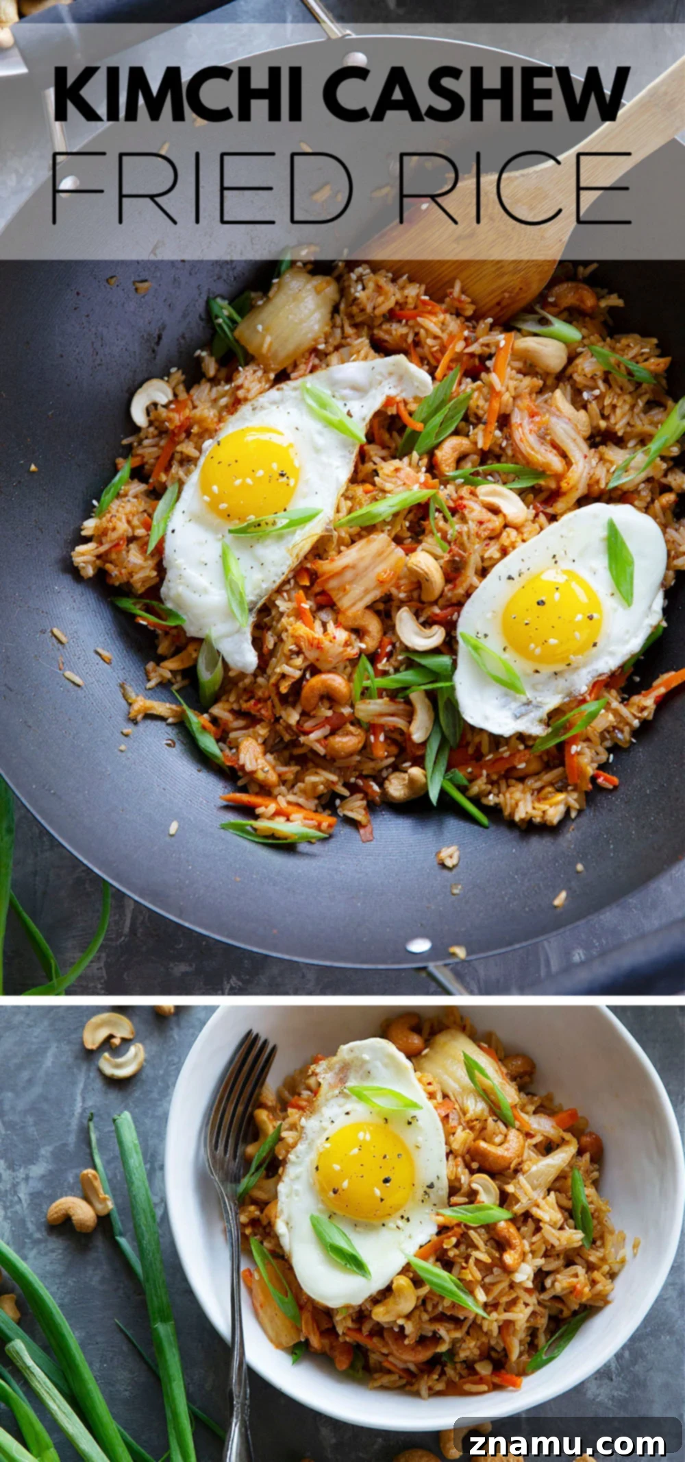 Spicy Kimchi Cashew Fried Rice 7 Flavorful kimchi and crunchy cashews take this kimchi cashew fried rice to the next level! Made easily in minutes with basic pantry ingredients and so much better than any takeout.