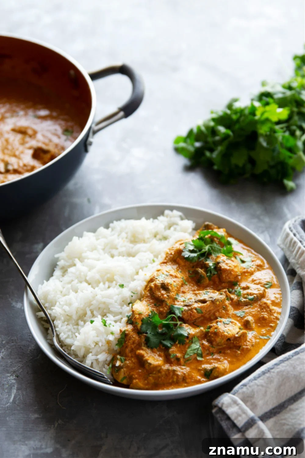 Creamy Mushroom Tikka Masala 4 Overhead shot of a bowl of Mushroom Tikka Masala with rice and cilantro, emphasizing its appeal as a hearty vegetarian meal.