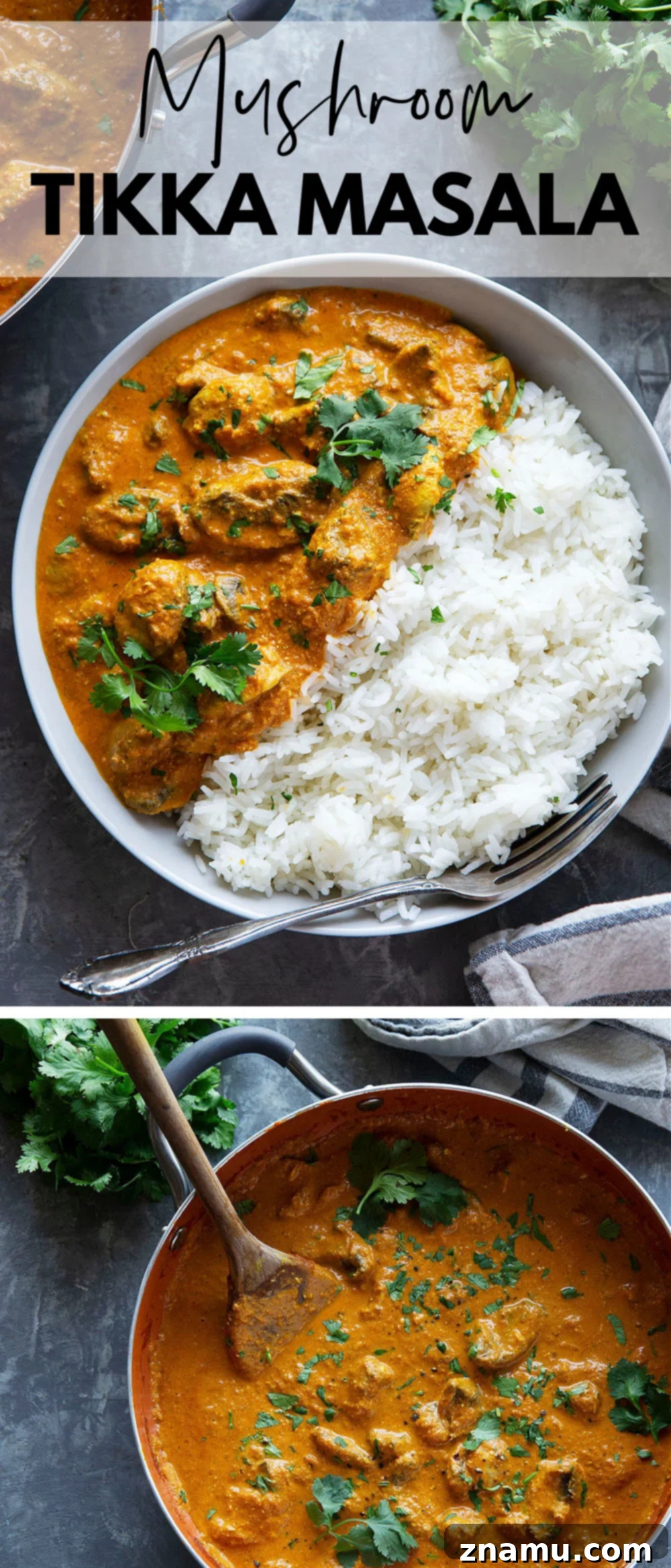 Creamy Mushroom Tikka Masala 7 Mushroom Tikka Masala served in a bowl, with a focus on the rich sauce and mushrooms, accompanied by fresh cilantro.