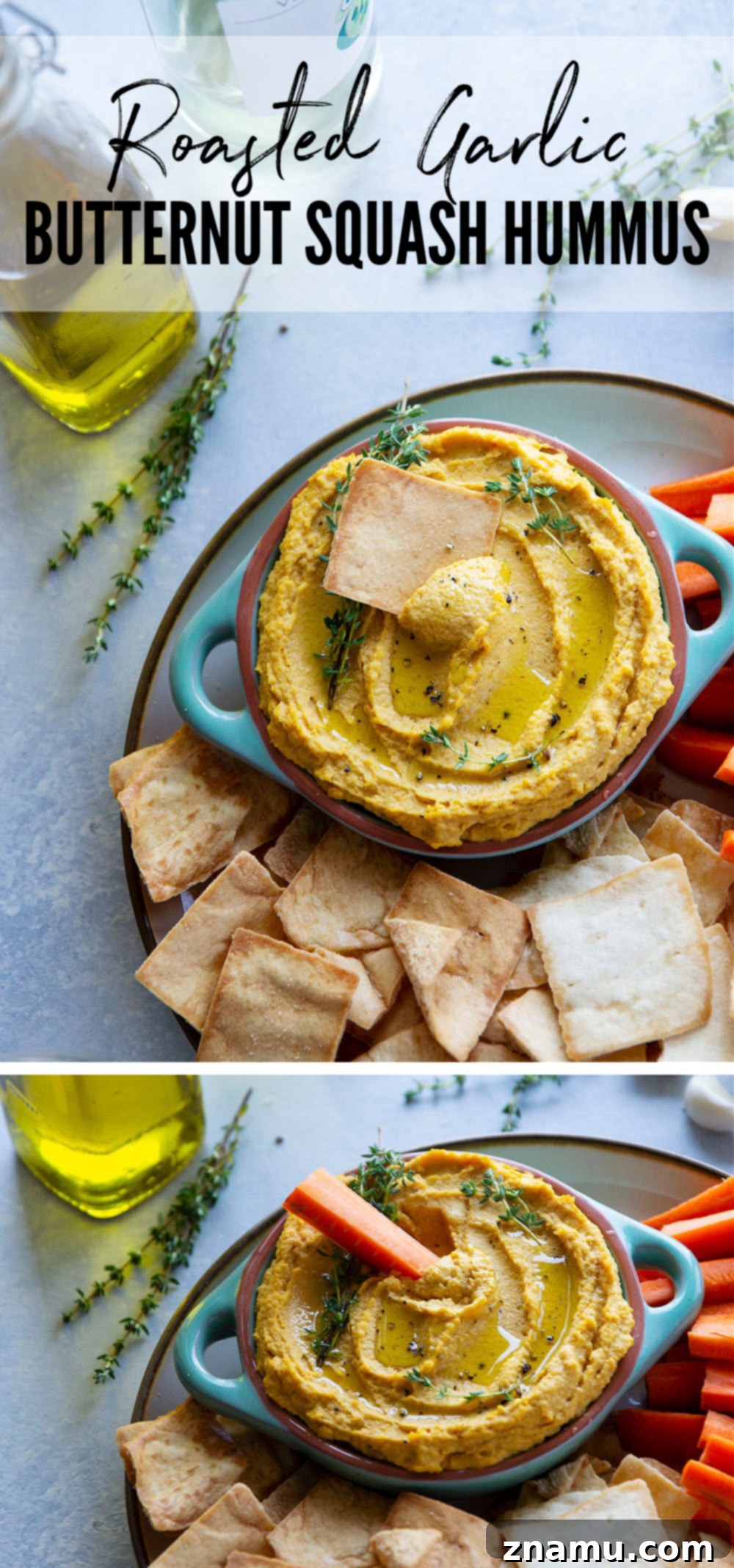 Velvety Roasted Garlic Butternut Squash Hummus 7 Flavorful roasted garlic and butternut squash gives this butternut squash hummus an unmatchable silky texture that you won't be able to keep those pita chips out of!