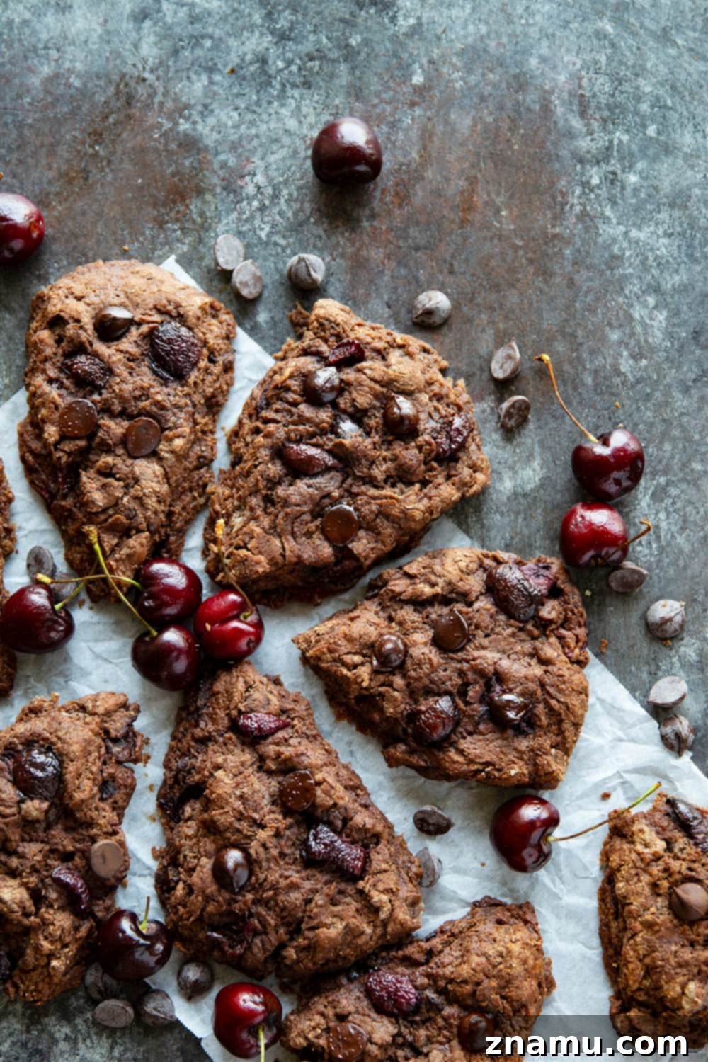 Decadent Double Chocolate Cherry Scones 4 Freshly baked Double Chocolate Cherry Scones arranged on a cooling rack.