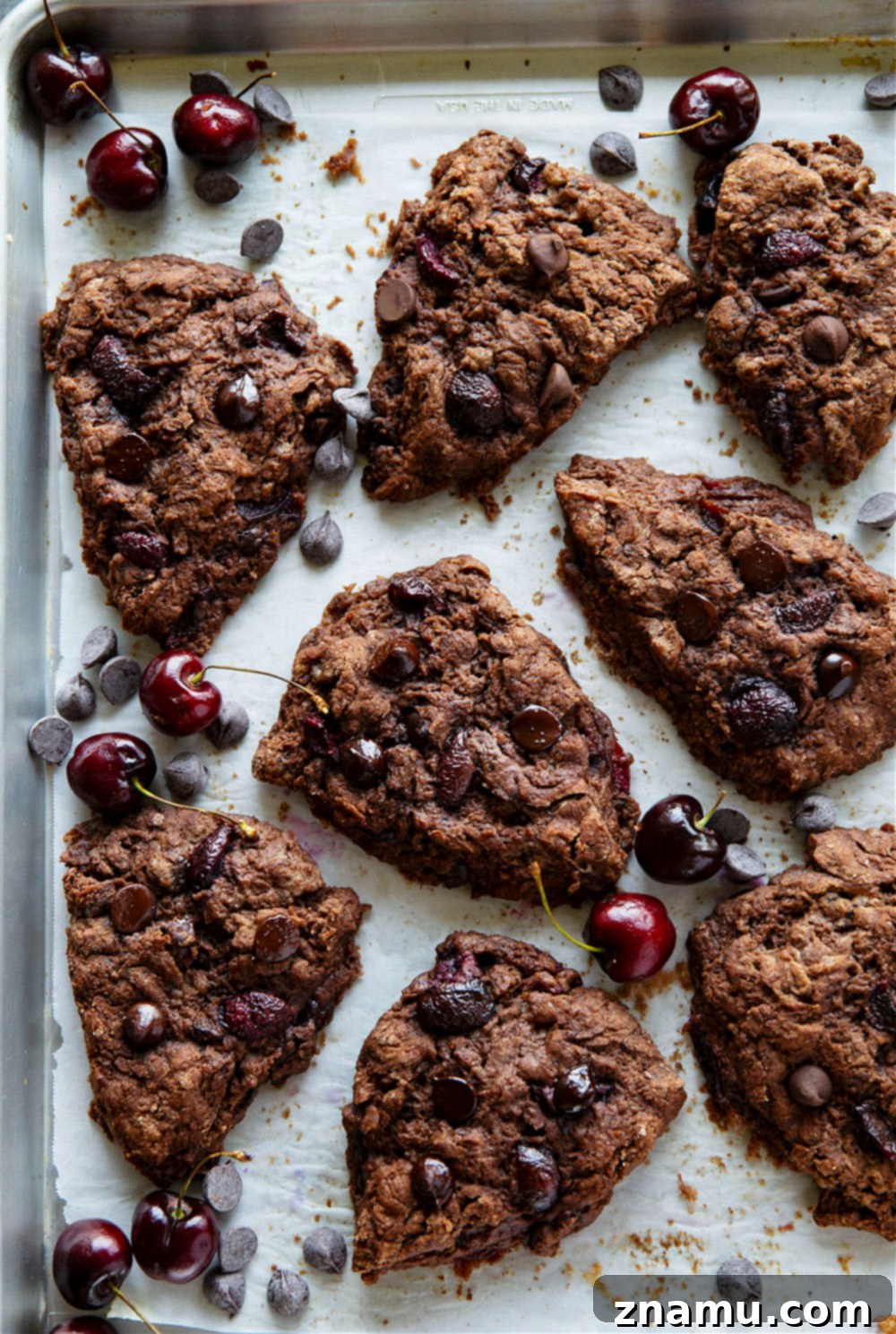 Decadent Double Chocolate Cherry Scones 5 Ingredients for Double Chocolate Cherry Scones laid out on a kitchen counter.