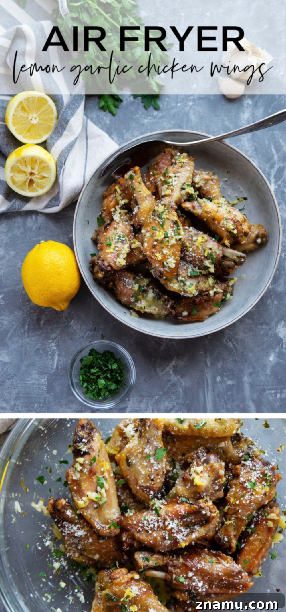 Crispy Air Fryer Lemon Garlic Wings 7 An overhead shot of a generous serving of lemon garlic chicken wings on a rustic wooden board, with a side of dipping sauce.