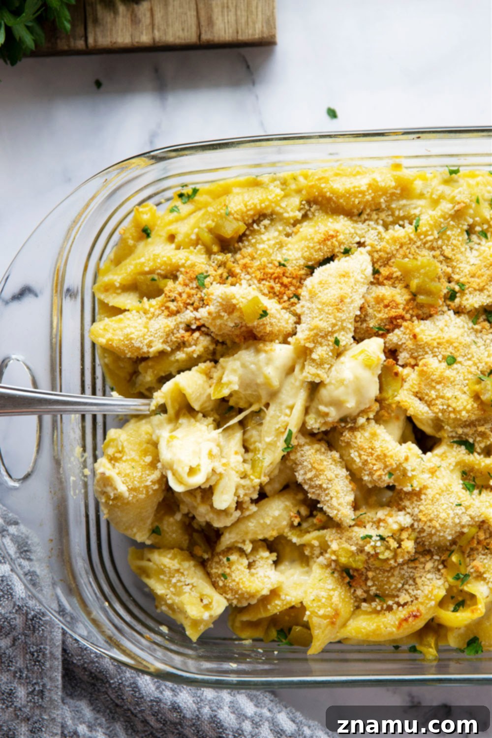 Green Chile Smoked Cheddar Macaroni 3 Close-up of baked green chile mac and cheese with crispy topping