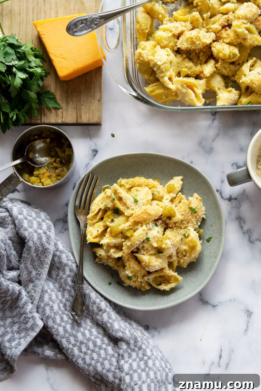 Green Chile Smoked Cheddar Macaroni 5 A dish of smoked cheddar green chile macaroni and cheese, ready to bake