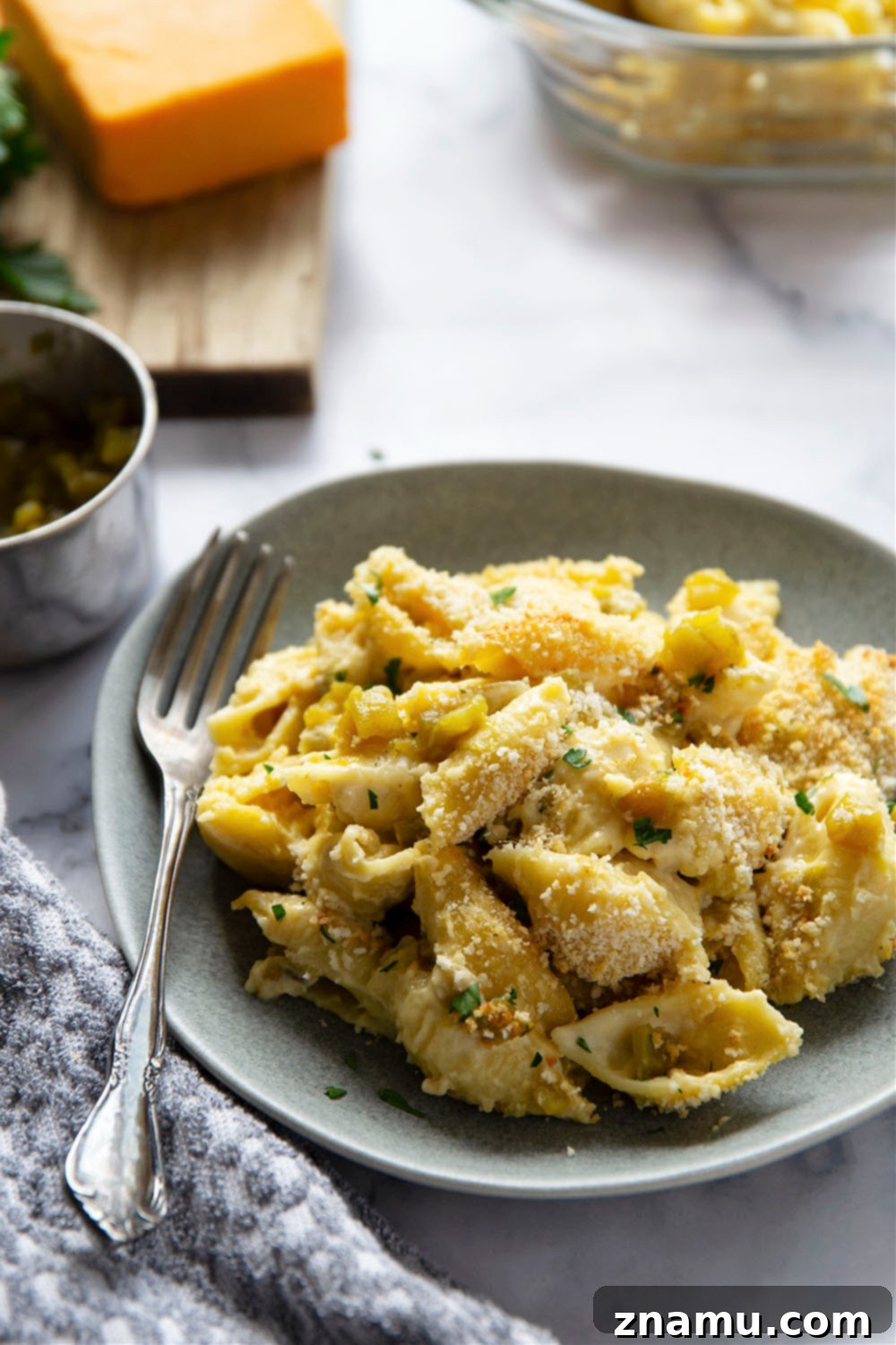 Green Chile Smoked Cheddar Macaroni 6 Baked green chile mac and cheese, ready to be served
