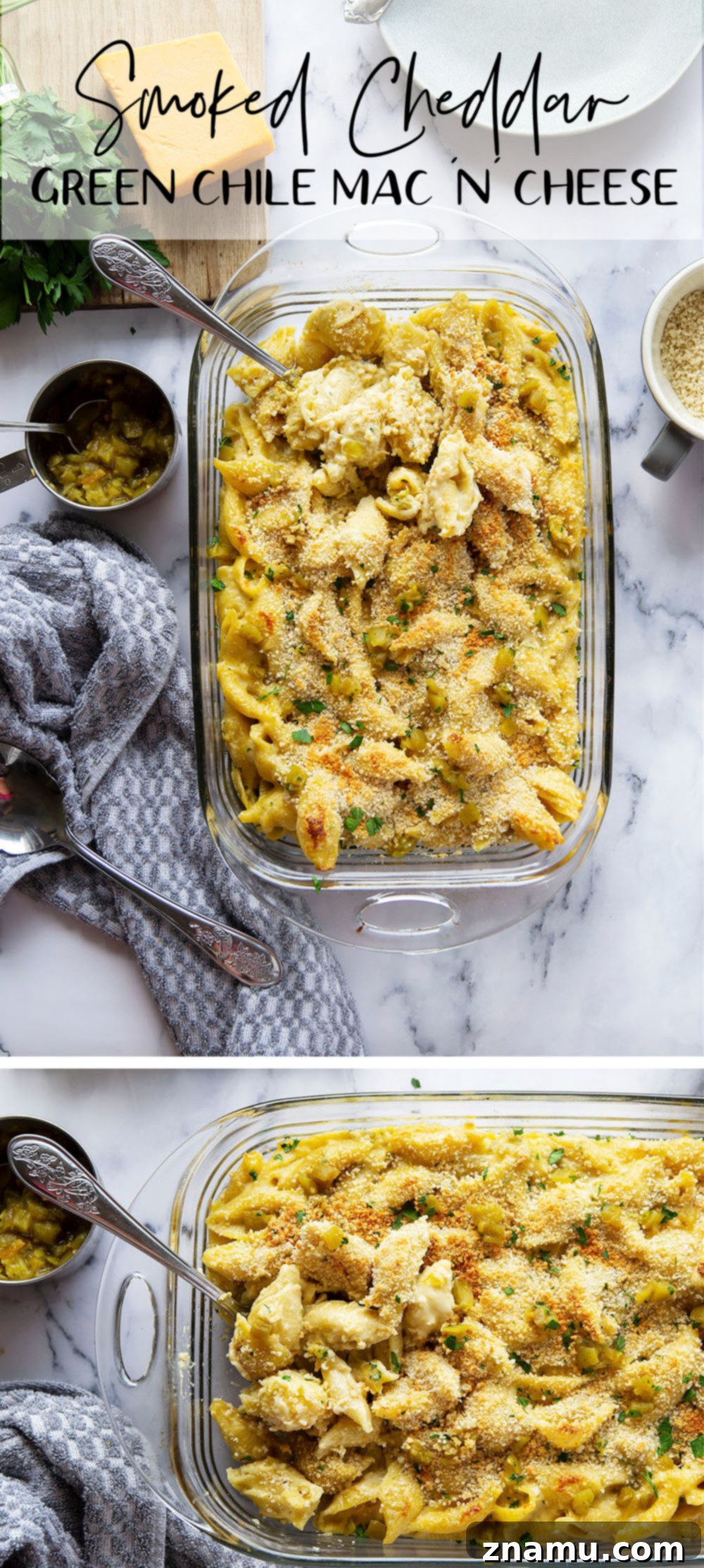 Green Chile Smoked Cheddar Macaroni 7 Large pan of Smoked Cheddar Green Chile Macaroni and Cheese