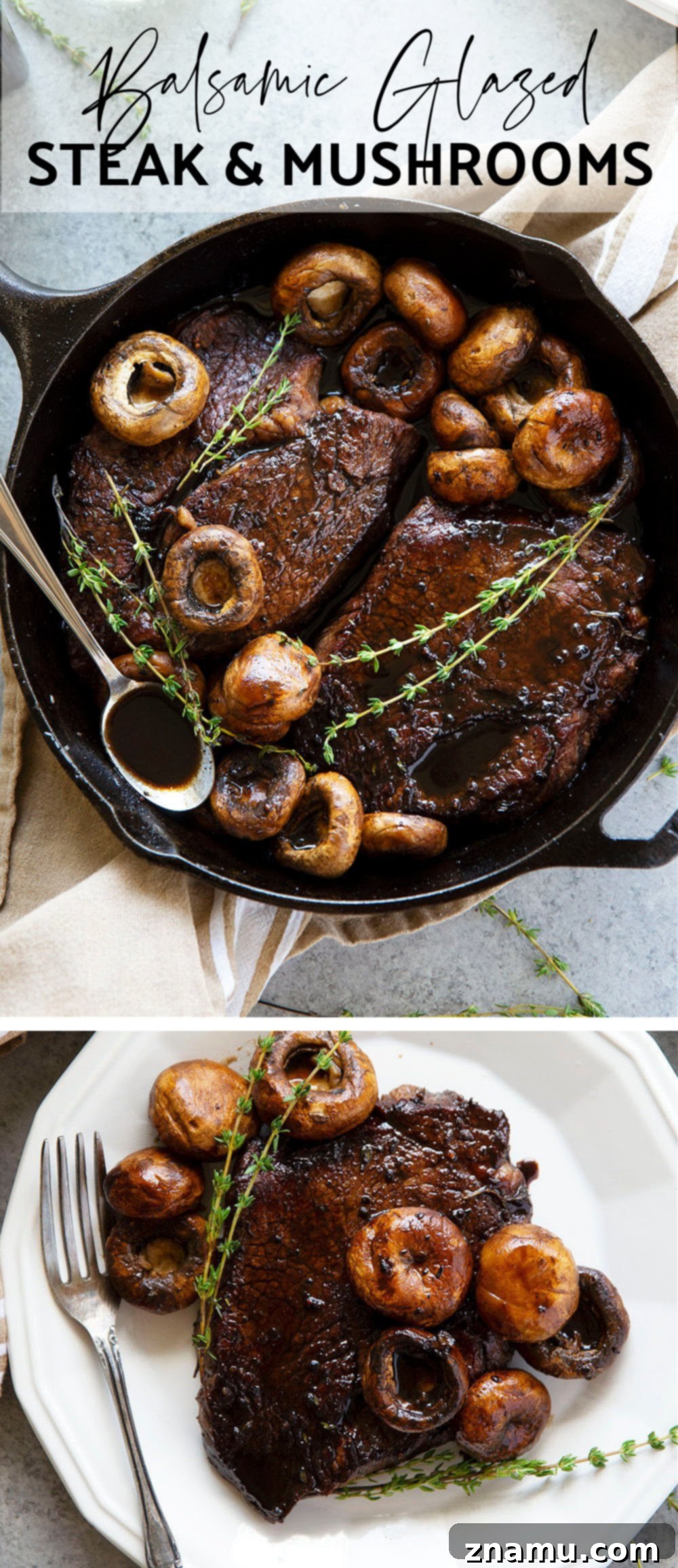 Skillet balsamic glazed steak and mushrooms, artfully arranged and garnished with fresh thyme.