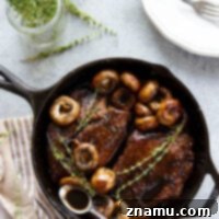 This balsamic glazed steak is made entirely in one skillet and features juicy seared steaks in a rich balsamic glaze with plenty of sauteed mushrooms on the side.