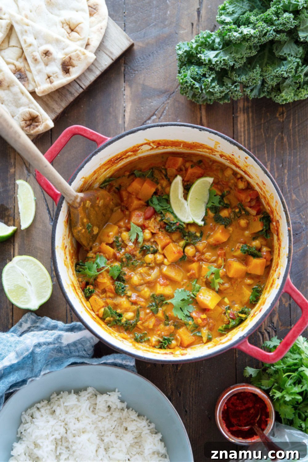 Harissa Spiced Butternut Squash Chickpea Pot 3 A close-up of Harissa Chickpea Butternut Squash Curry, showcasing the rich texture and colorful ingredients, served alongside fluffy rice and warm naan bread.