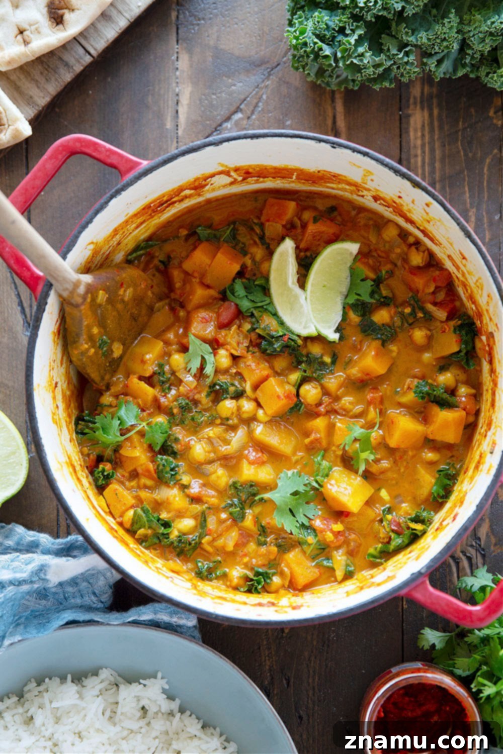 Harissa Spiced Butternut Squash Chickpea Pot 5 A close-up shot of the simmering Harissa Chickpea Butternut Squash Curry, highlighting the rich, thick sauce and tender vegetables.