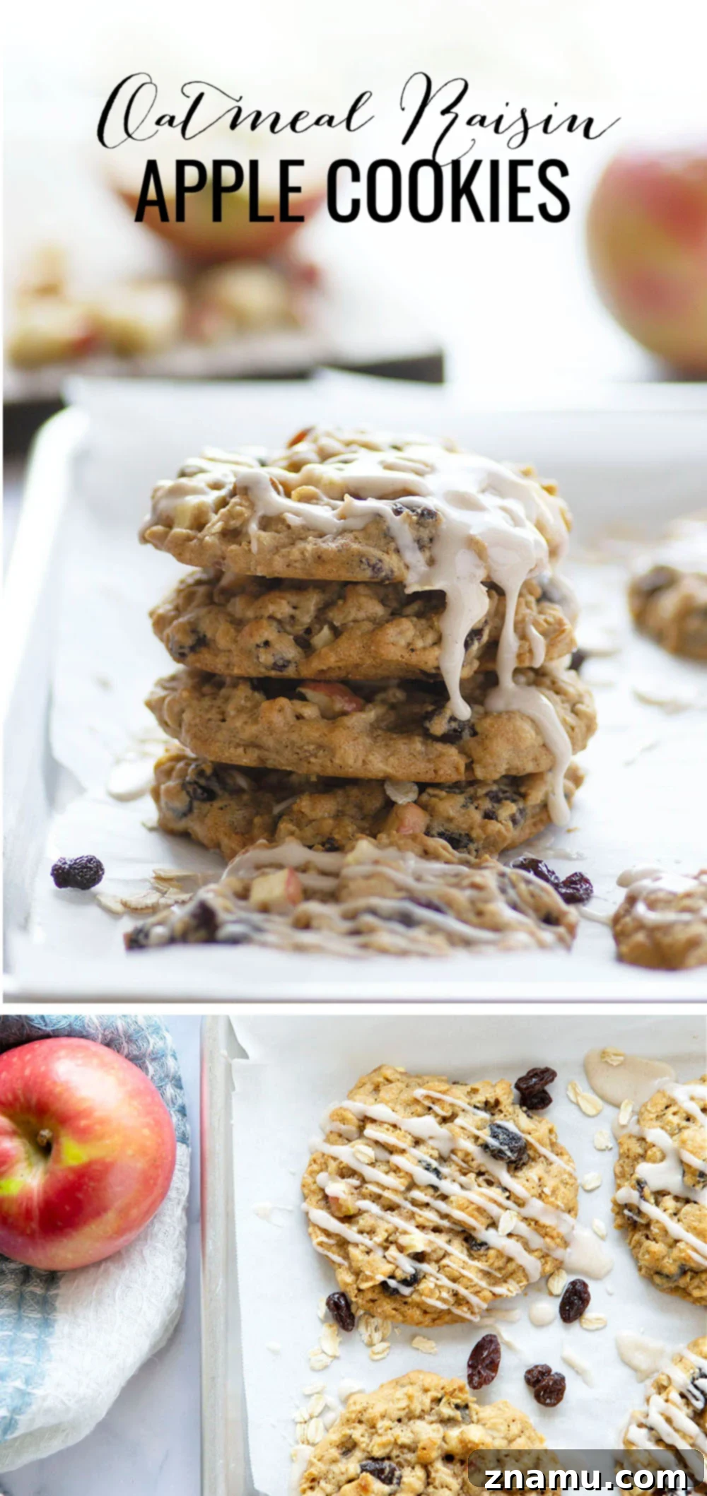 Sweetly Glazed Apple & Raisin Oatmeal Cookies 7 Artfully arranged stack of Oatmeal Raisin Apple Cookies on a wooden board.