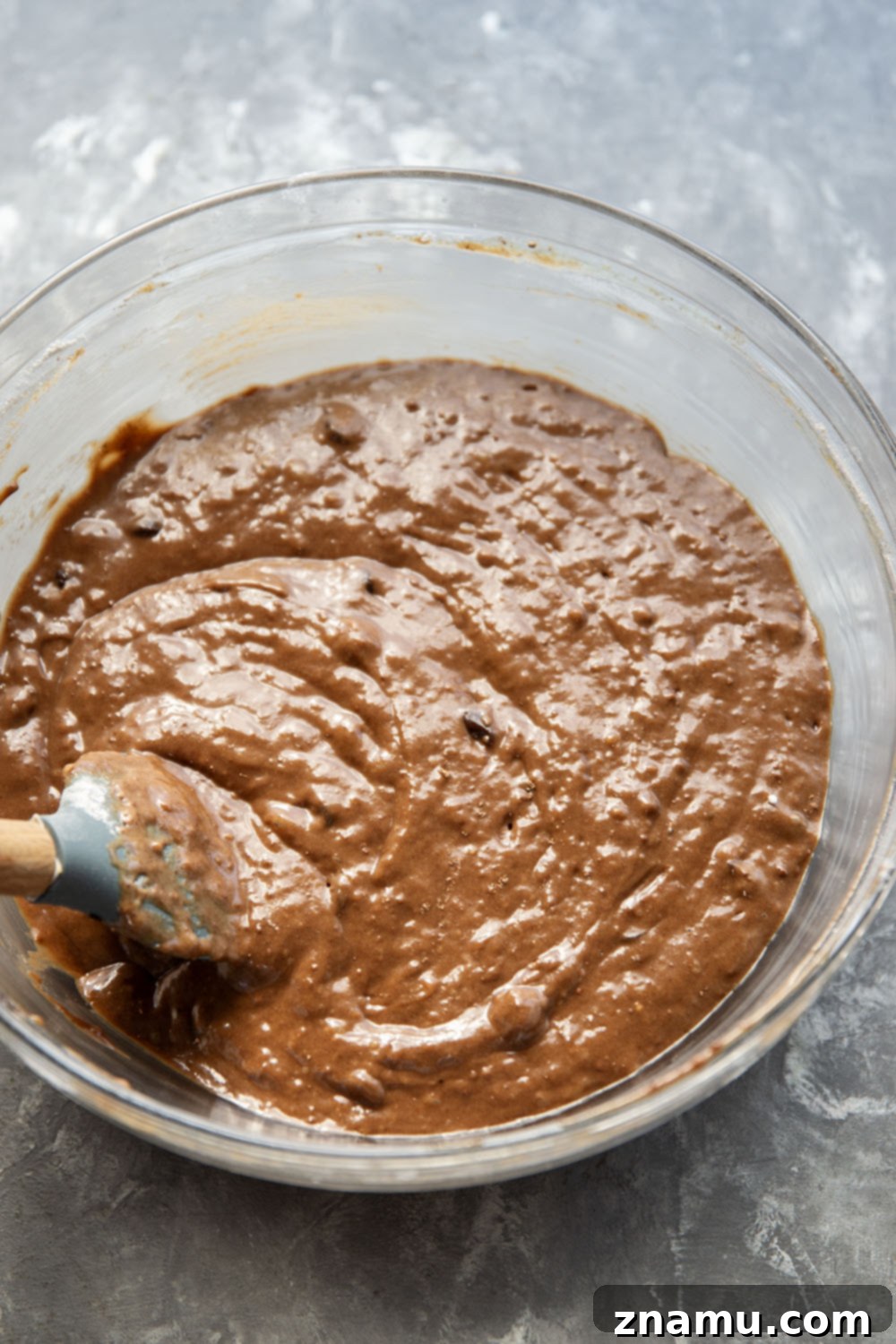 Decadent Double Chocolate Muffins 3 Close-up of double chocolate muffin batter ready for baking