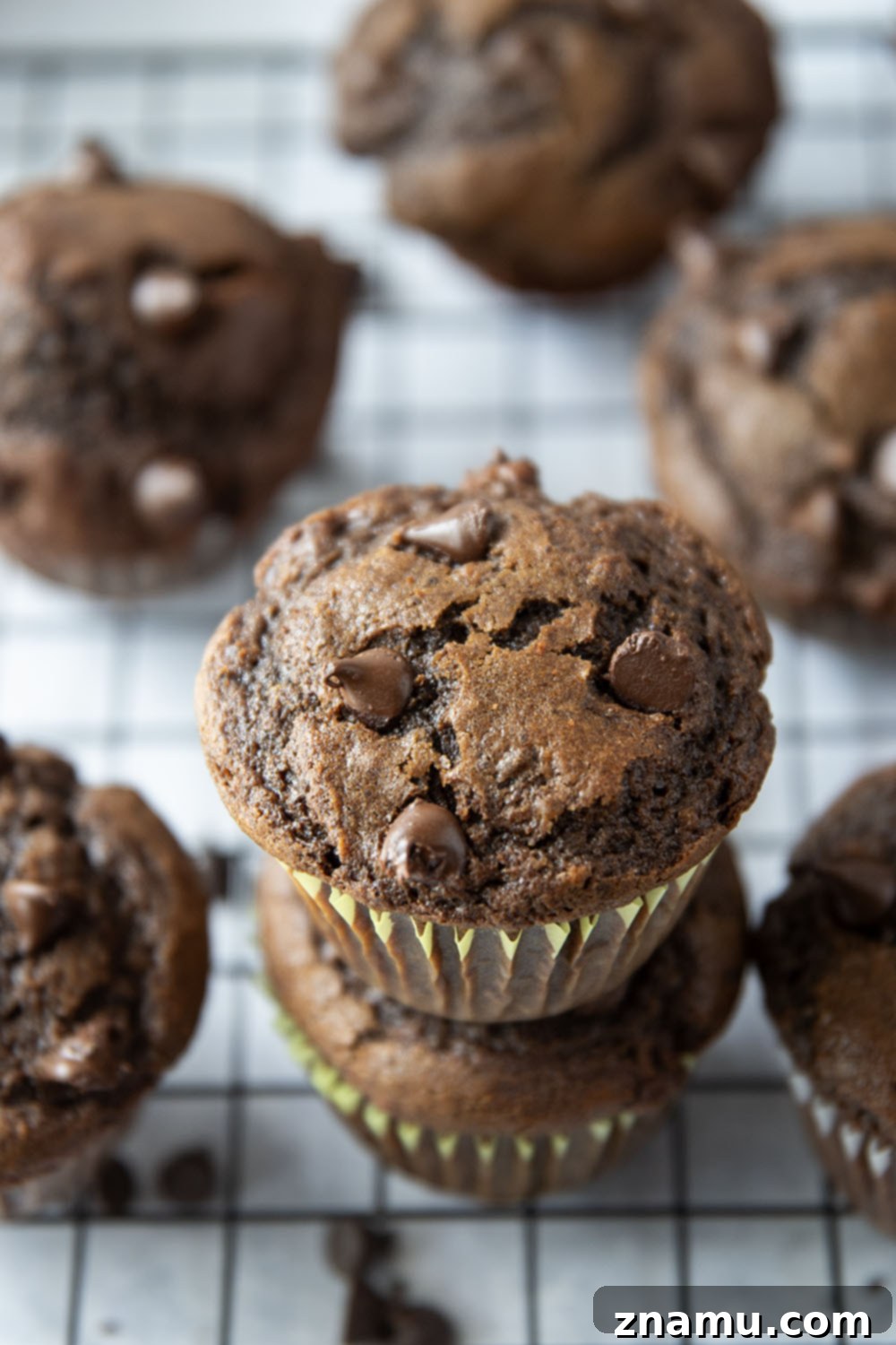 Decadent Double Chocolate Muffins 6 Stack of warm double chocolate muffins with melted chocolate