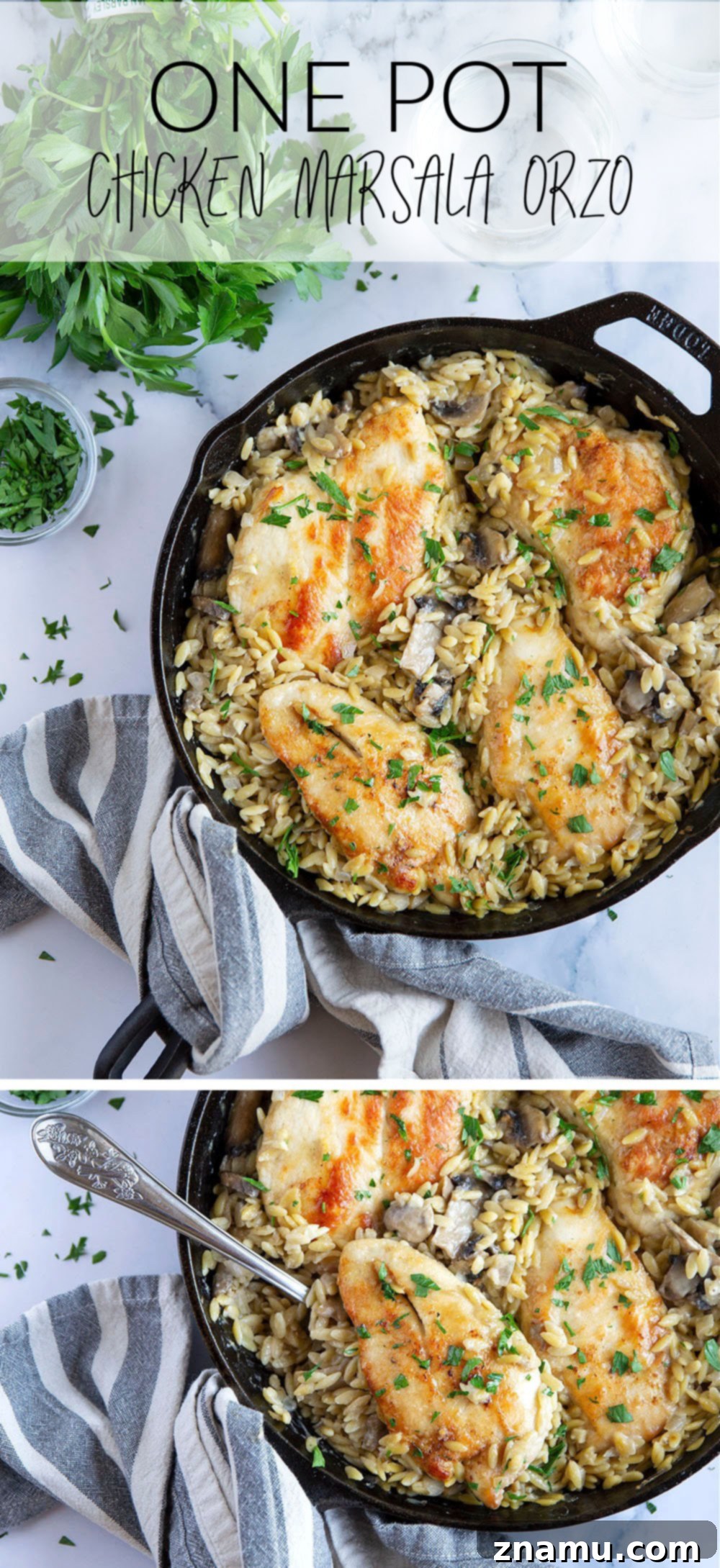 Creamy One-Pot Chicken Marsala Orzo 7 Overhead view of a large pan of One-Pot Chicken Marsala Orzo.